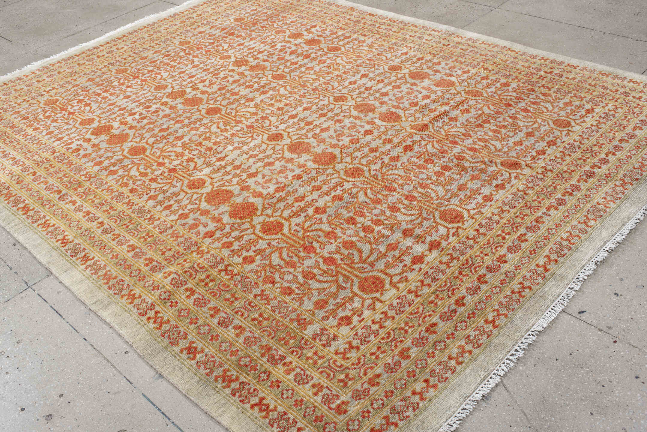 7' x 9' one-of-a-kind handmade vintage Tribeca large size rug. Color palette: ivory, terra cotta, sage, camel, rust