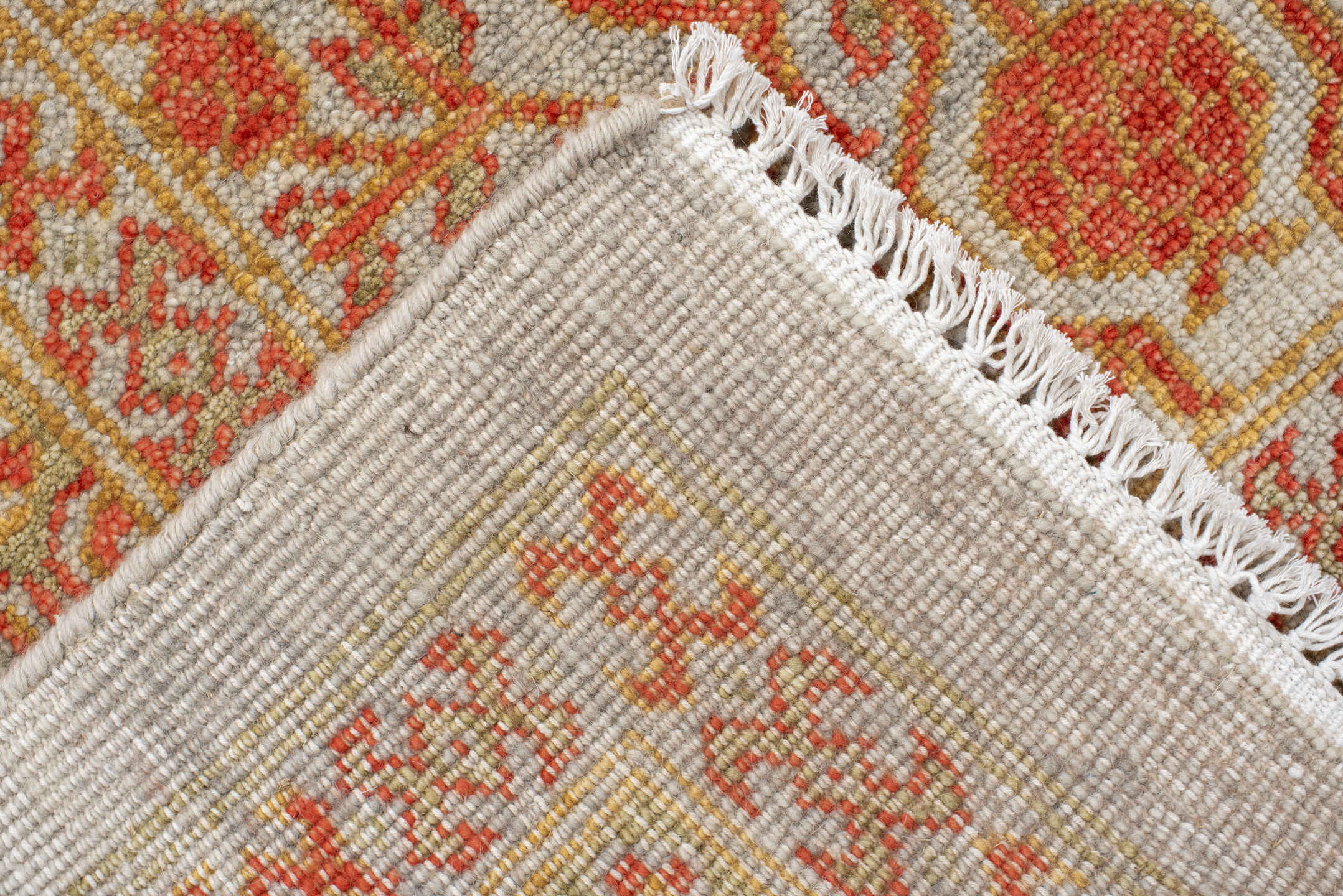 7' x 9' one-of-a-kind handmade vintage Tribeca large size rug. Color palette: ivory, terra cotta, sage, camel, rust