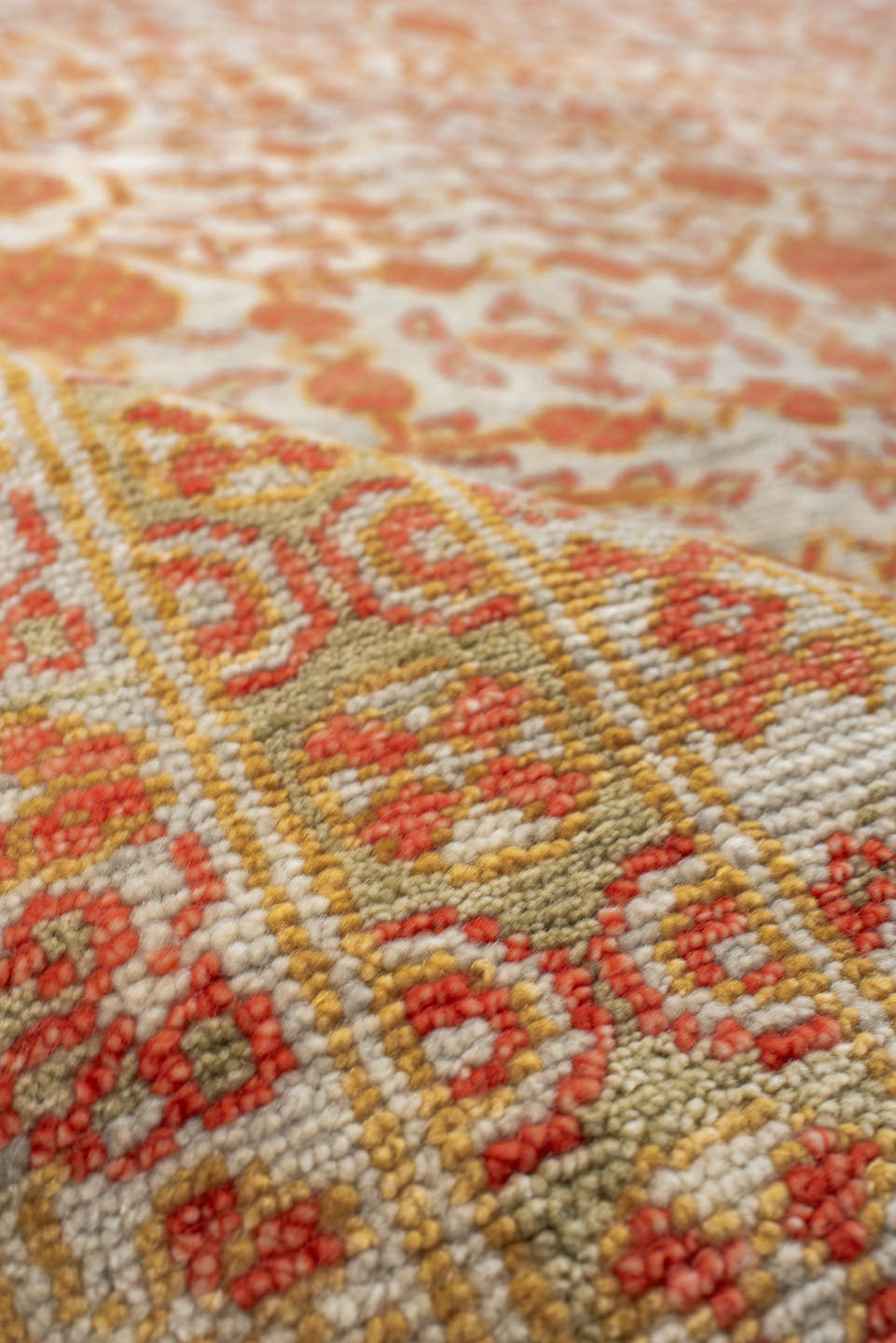 7' x 9' one-of-a-kind handmade vintage Tribeca large size rug. Color palette: ivory, terra cotta, sage, camel, rust