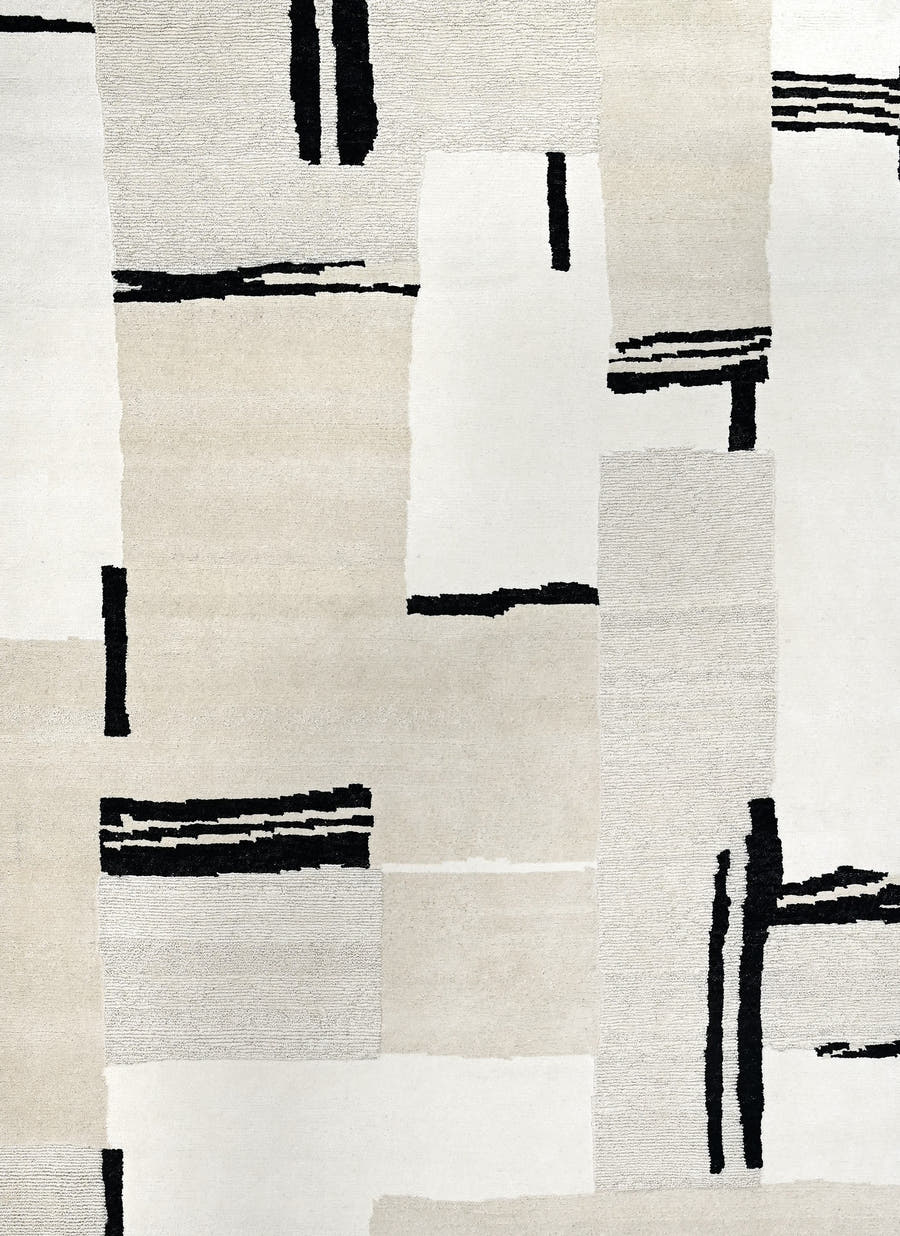 9' x 11' one-of-a-kind handmade vintage  large size rug. Color palette: ivory, cream, black, taupe, beige, gray