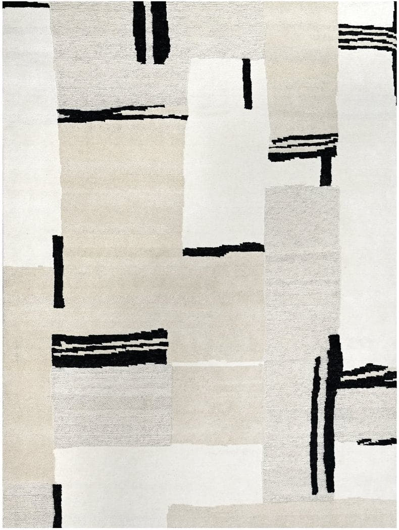 8' x 9' one-of-a-kind handmade vintage  large size rug. Color palette: ivory, cream, black, light gray