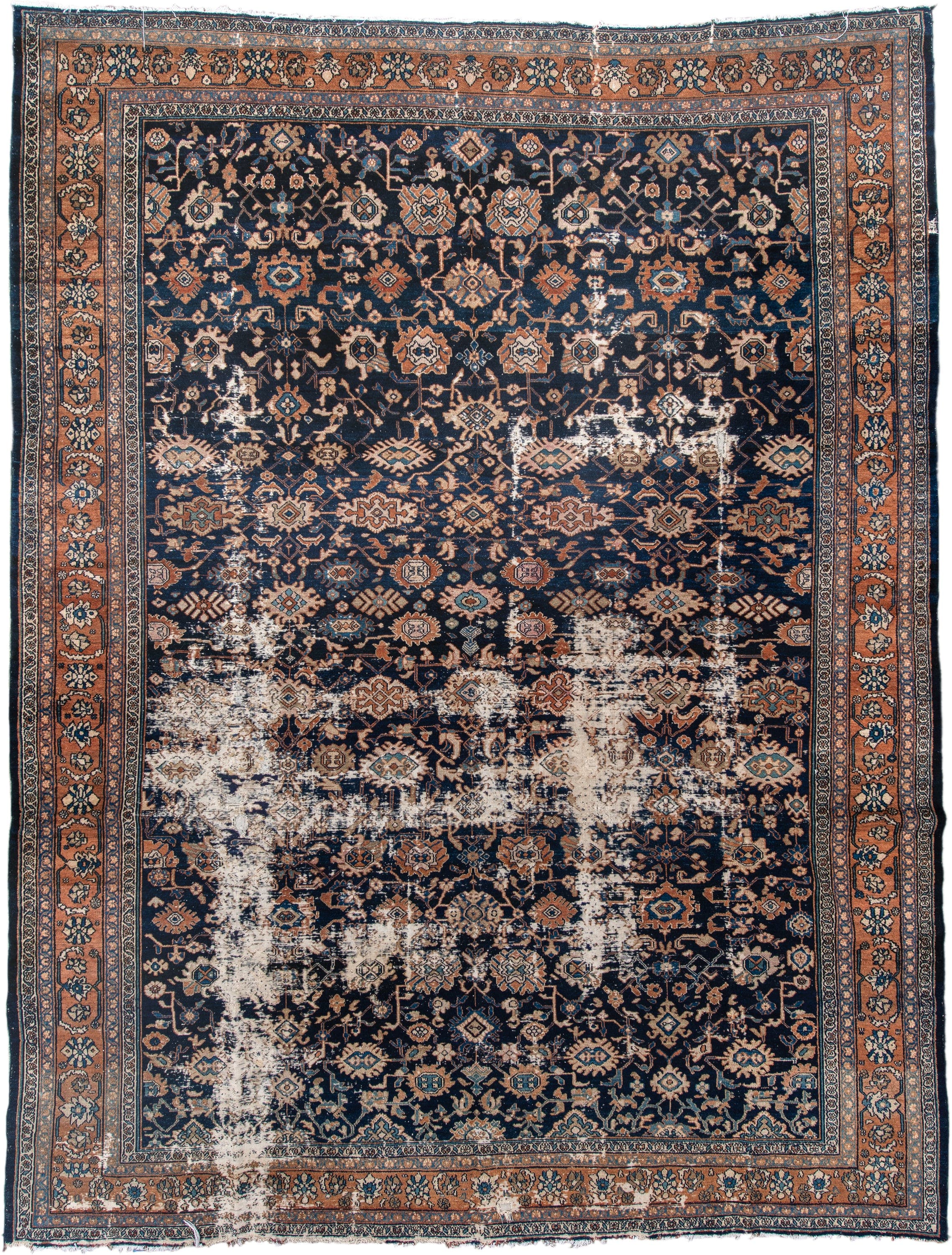 10' x 13' one-of-a-kind handmade vintage Malayer large size rug. Color palette: navy, terracotta, ivory, camel, sky blue