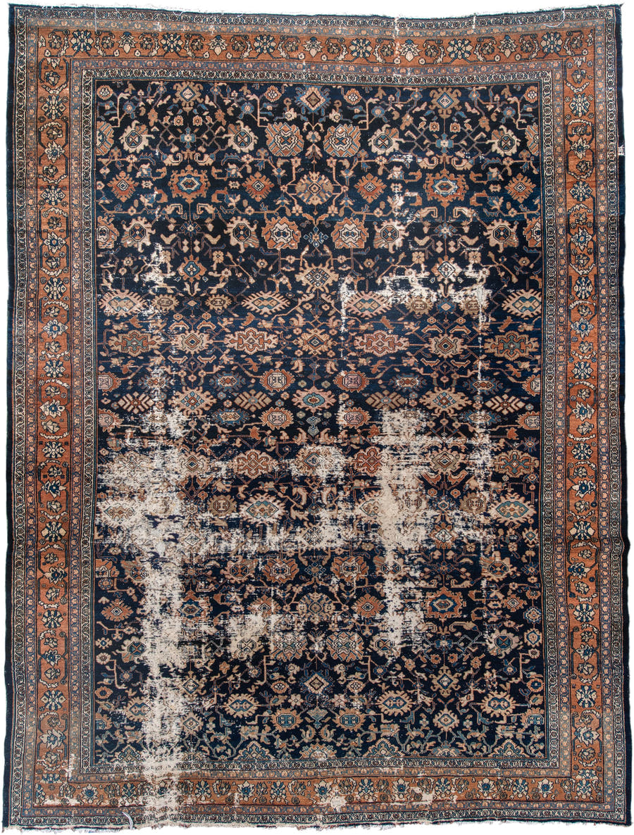 10' x 13' one-of-a-kind handmade vintage Malayer large size rug. Color palette: navy, terracotta, ivory, camel, sky blue