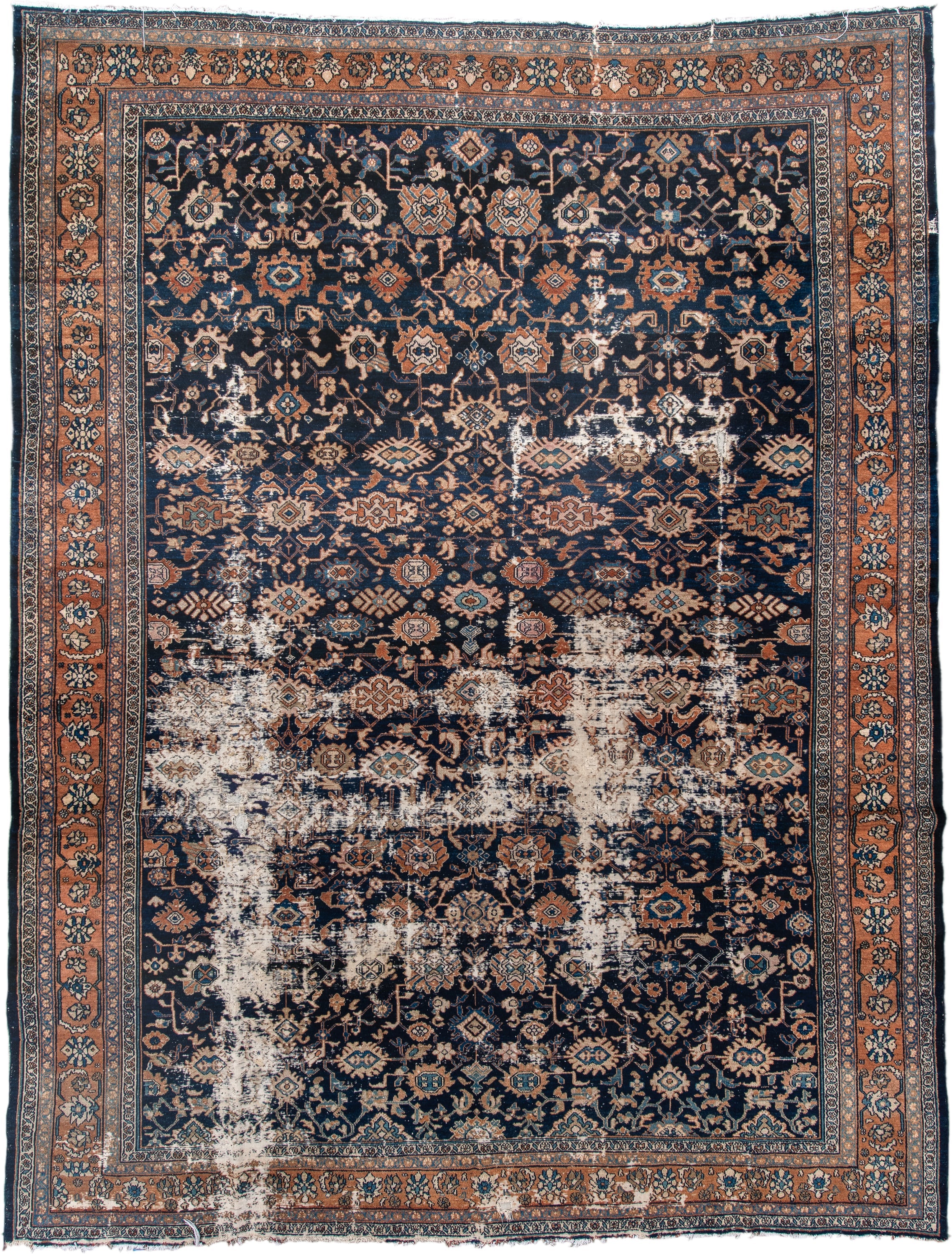 10' x 13' one-of-a-kind handmade vintage Malayer large size rug. Color palette: navy, terracotta, ivory, camel, sky blue