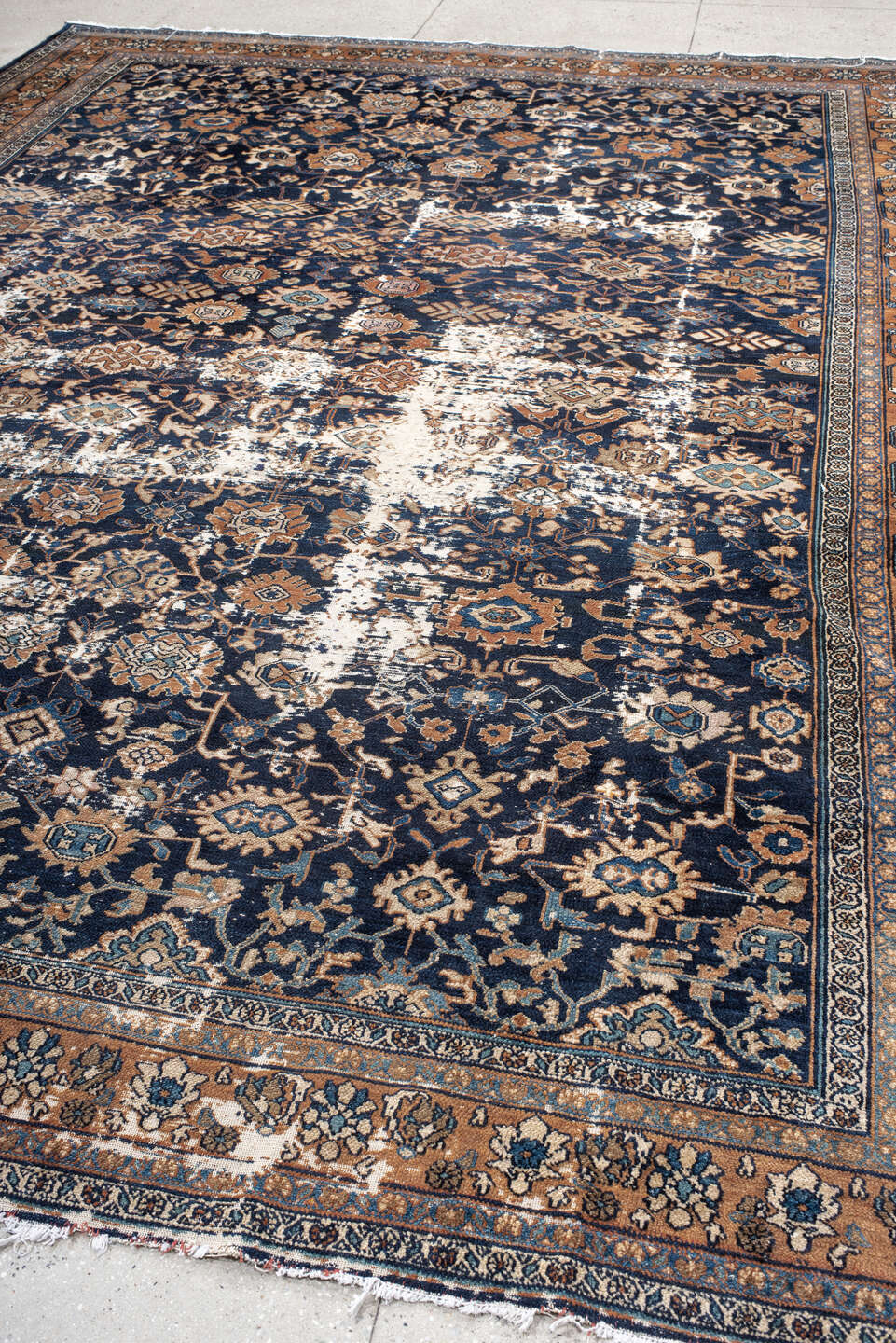 10' x 13' one-of-a-kind handmade vintage Malayer large size rug. Color palette: navy, terracotta, ivory, camel, sky blue