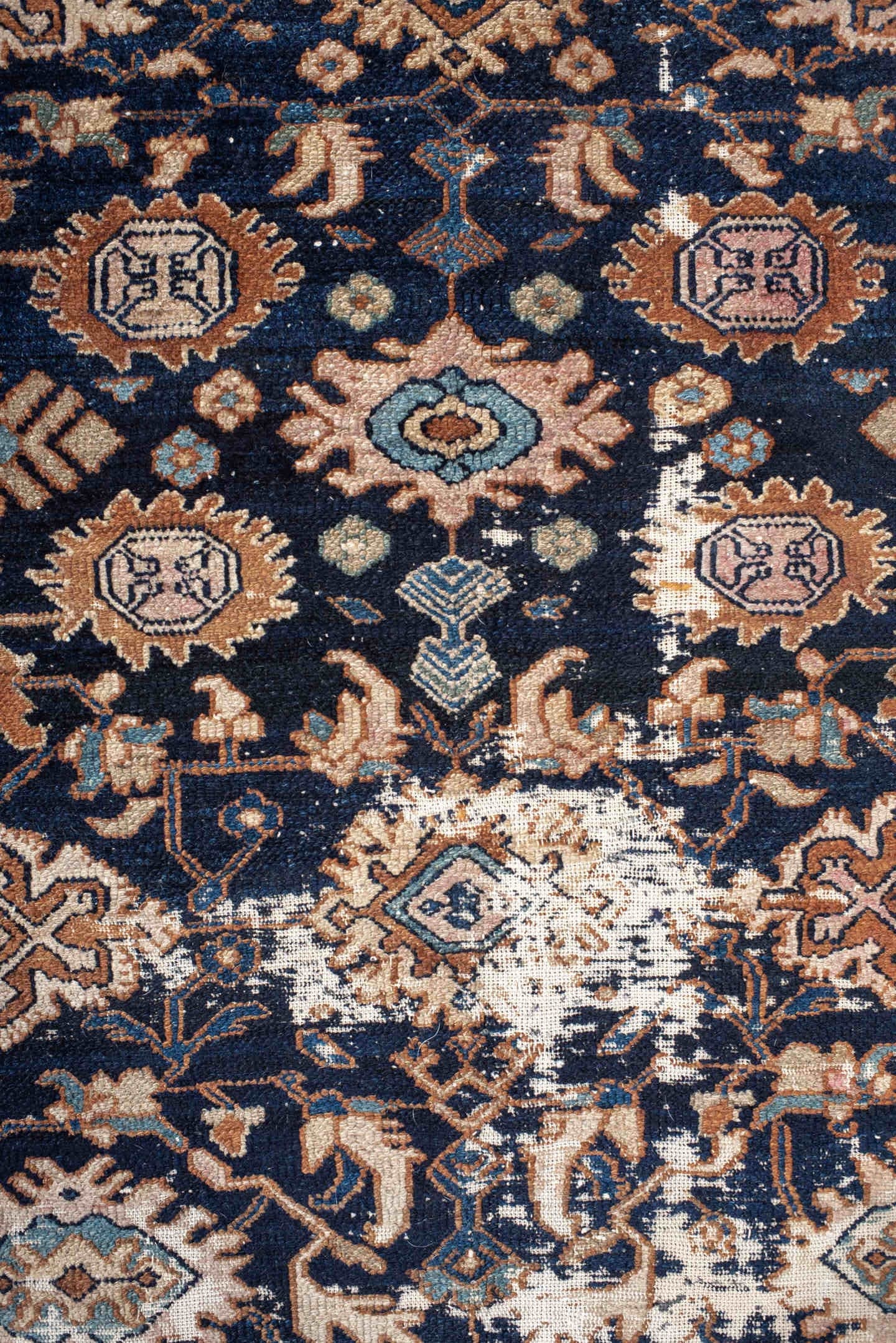 10' x 13' one-of-a-kind handmade vintage Malayer large size rug. Color palette: navy, terracotta, ivory, camel, sky blue