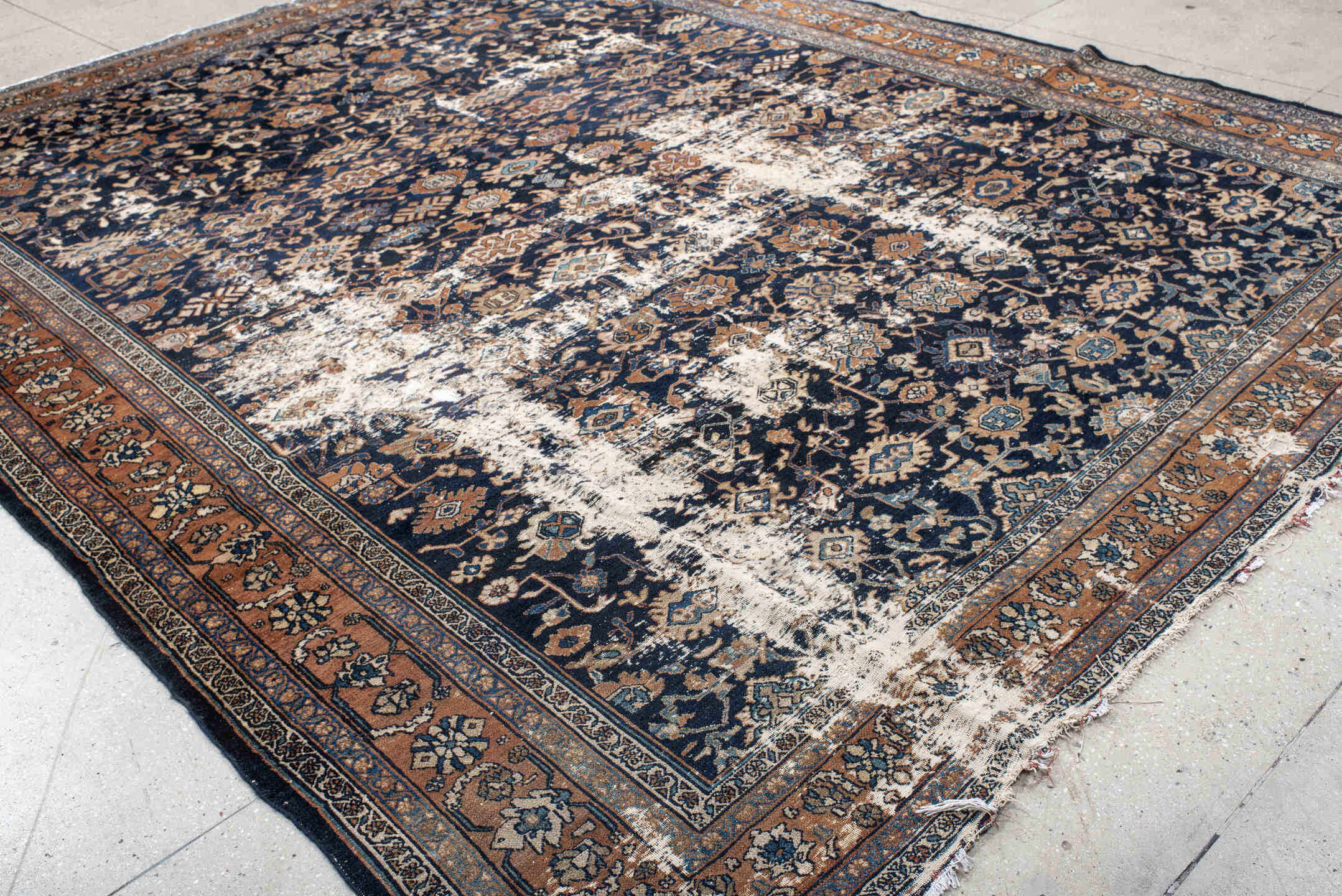 10' x 13' one-of-a-kind handmade vintage Malayer large size rug. Color palette: navy, terracotta, ivory, camel, sky blue