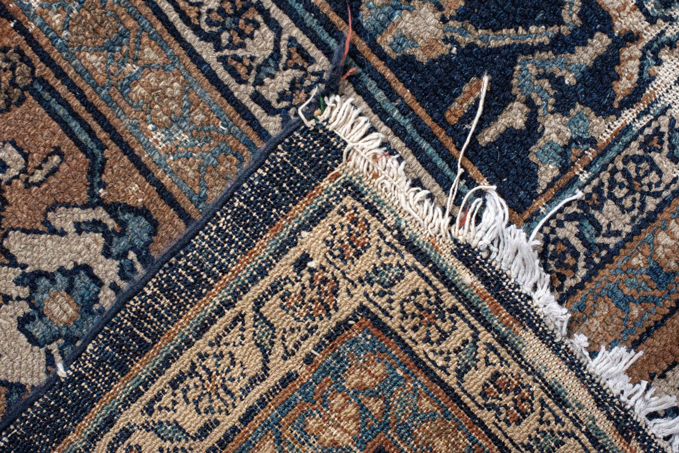 10' x 13' one-of-a-kind handmade vintage Malayer large size rug. Color palette: navy, terracotta, ivory, camel, sky blue