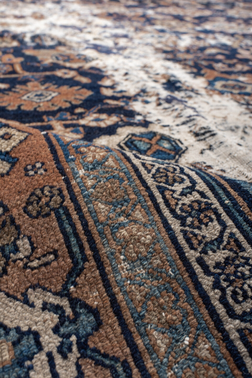 10' x 13' one-of-a-kind handmade vintage Malayer large size rug. Color palette: navy, terracotta, ivory, camel, sky blue