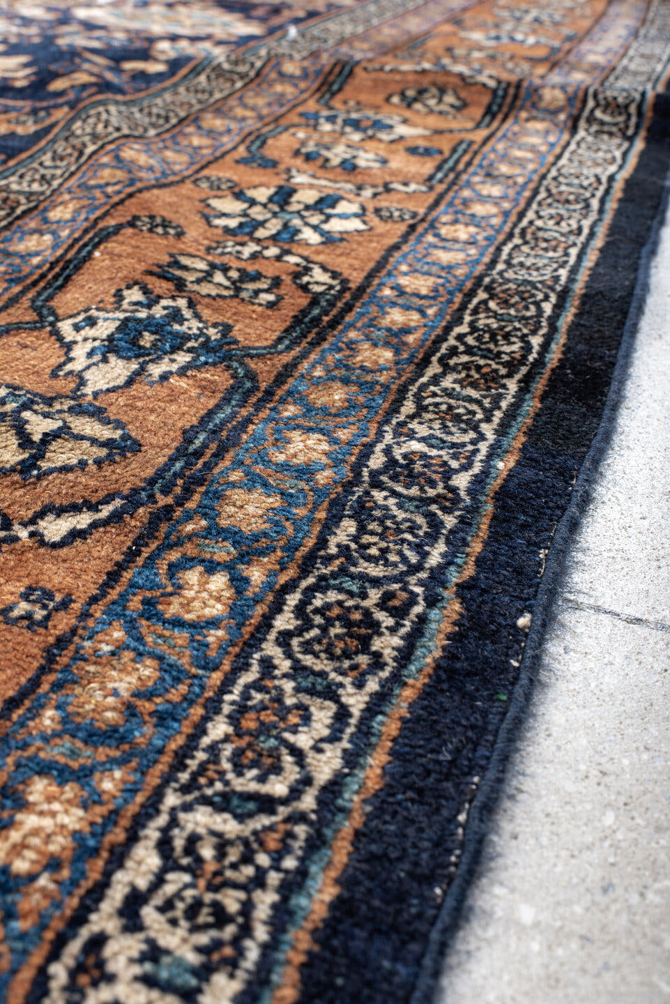 10' x 13' one-of-a-kind handmade vintage Malayer large size rug. Color palette: navy, terracotta, ivory, camel, sky blue