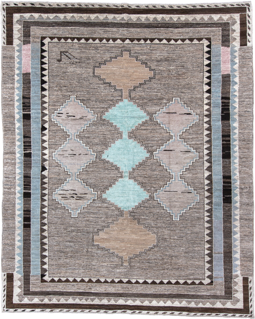 9' x 11' one-of-a-kind handmade vintage Kars large size rug. Color palette: taupe, gray, ivory, charcoal, pale aqua, beige
