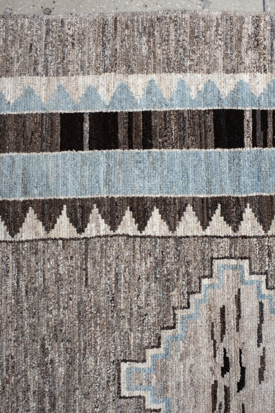9' x 11' one-of-a-kind handmade vintage Kars large size rug. Color palette: taupe, gray, ivory, charcoal, pale aqua, beige
