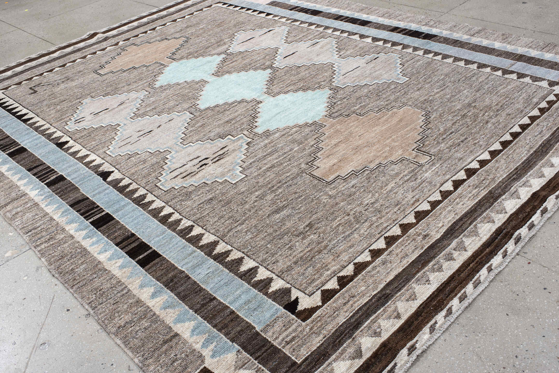 9' x 11' one-of-a-kind handmade vintage Kars large size rug. Color palette: taupe, gray, ivory, charcoal, pale aqua, beige