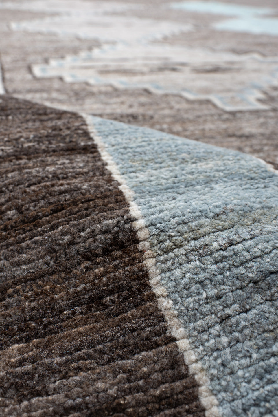 9' x 11' one-of-a-kind handmade vintage Kars large size rug. Color palette: taupe, gray, ivory, charcoal, pale aqua, beige