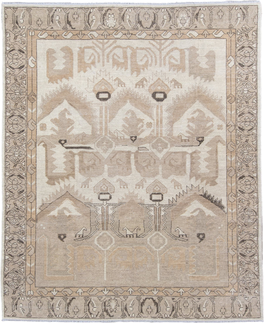 8' x 10' one-of-a-kind handmade vintage Kars large size rug. Color palette: ivory, taupe, beige, camel, charcoal, gray