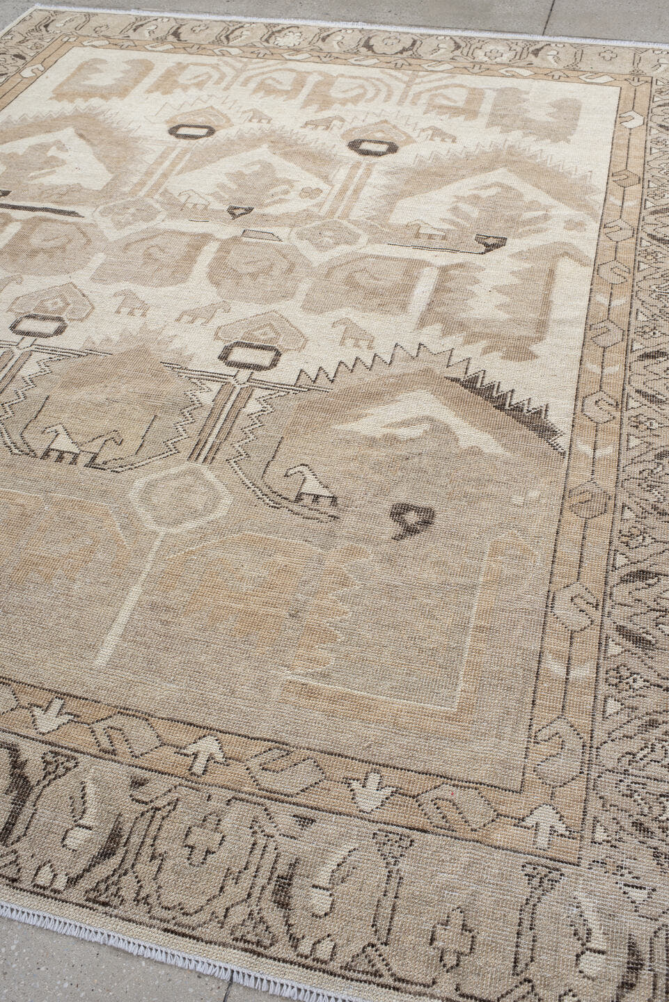 8' x 10' one-of-a-kind handmade vintage Kars large size rug. Color palette: ivory, taupe, beige, camel, charcoal, gray