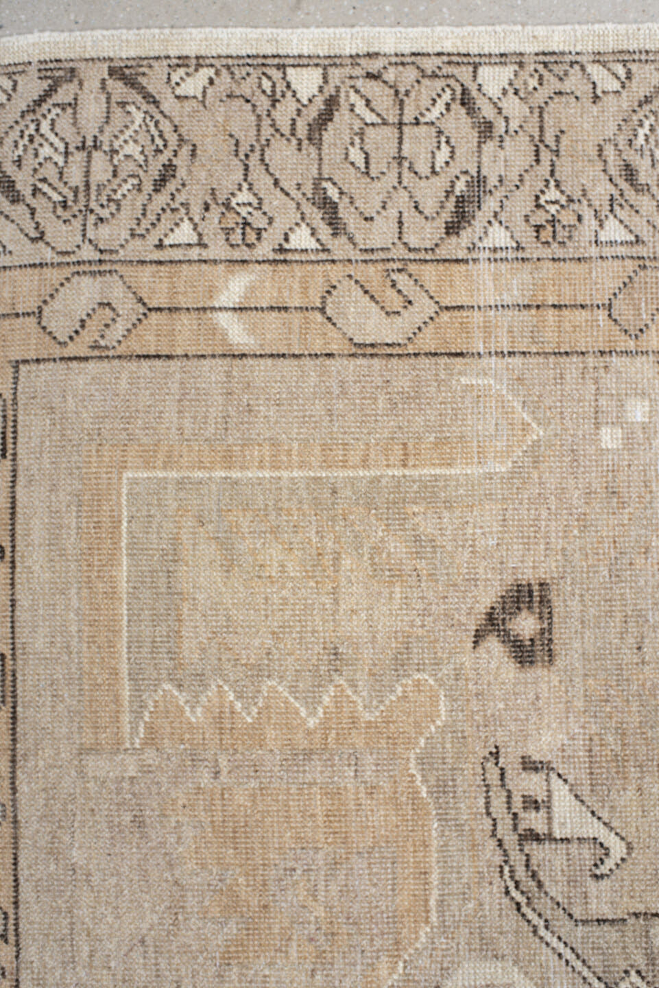 8' x 10' one-of-a-kind handmade vintage Kars large size rug. Color palette: ivory, taupe, beige, camel, charcoal, gray
