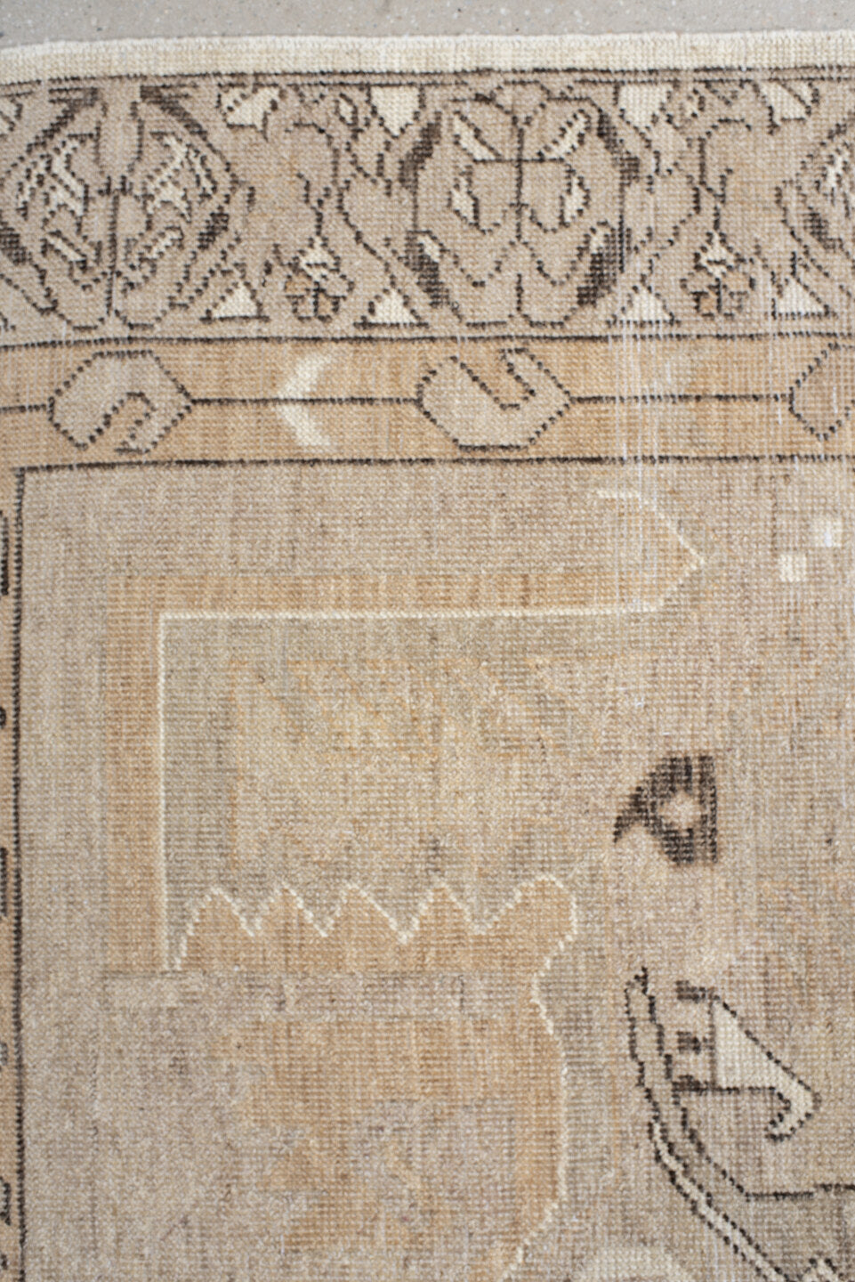8' x 10' one-of-a-kind handmade vintage Kars large size rug. Color palette: ivory, taupe, beige, camel, charcoal, gray