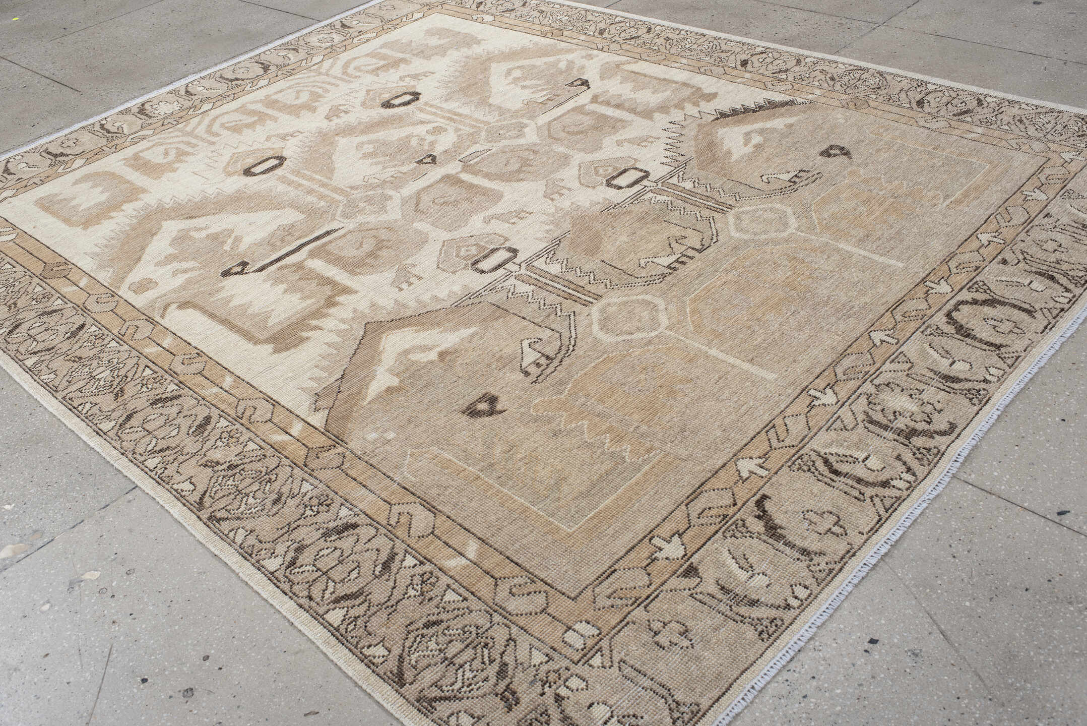 8' x 10' one-of-a-kind handmade vintage Kars large size rug. Color palette: ivory, taupe, beige, camel, charcoal, gray