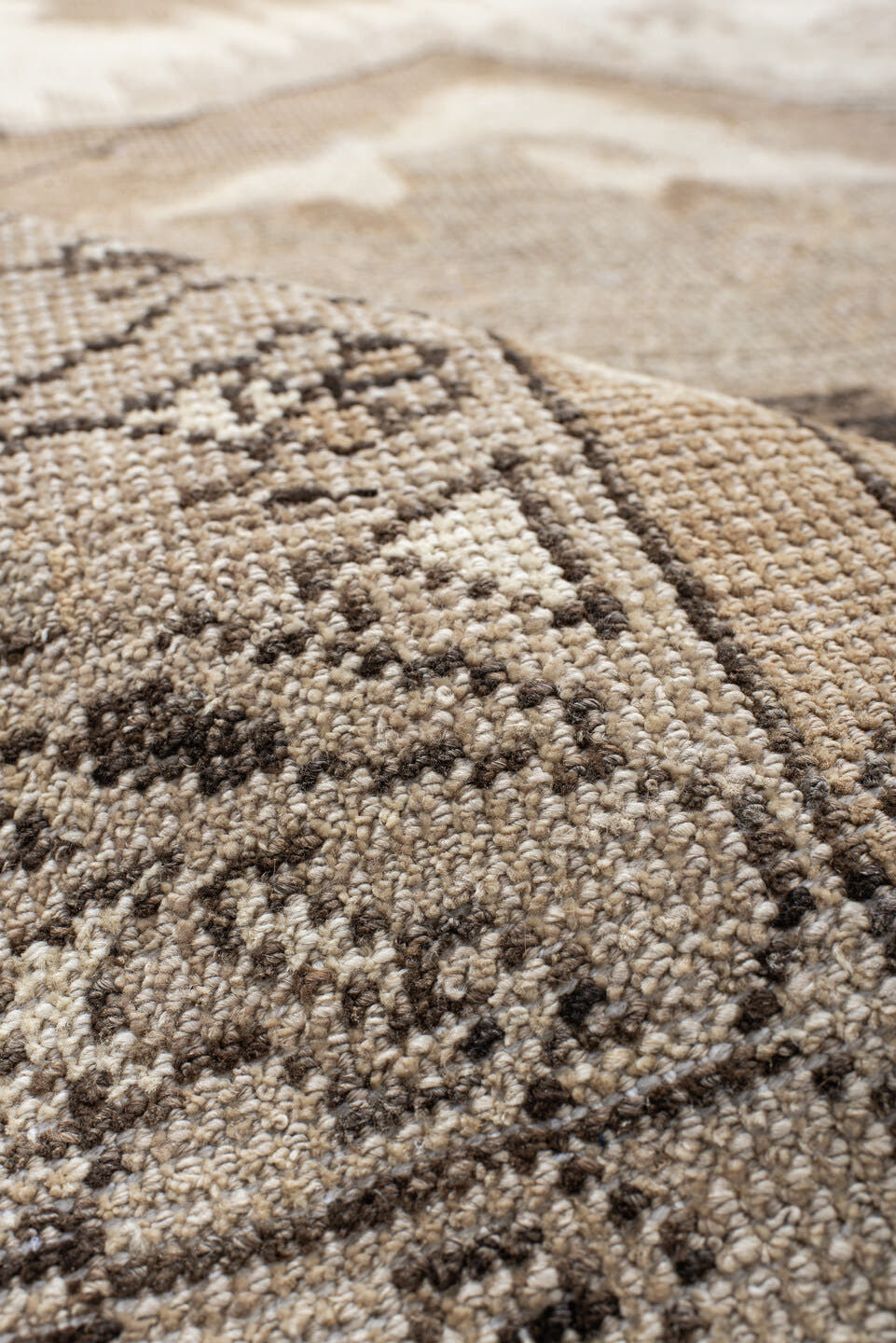 8' x 10' one-of-a-kind handmade vintage Kars large size rug. Color palette: ivory, taupe, beige, camel, charcoal, gray