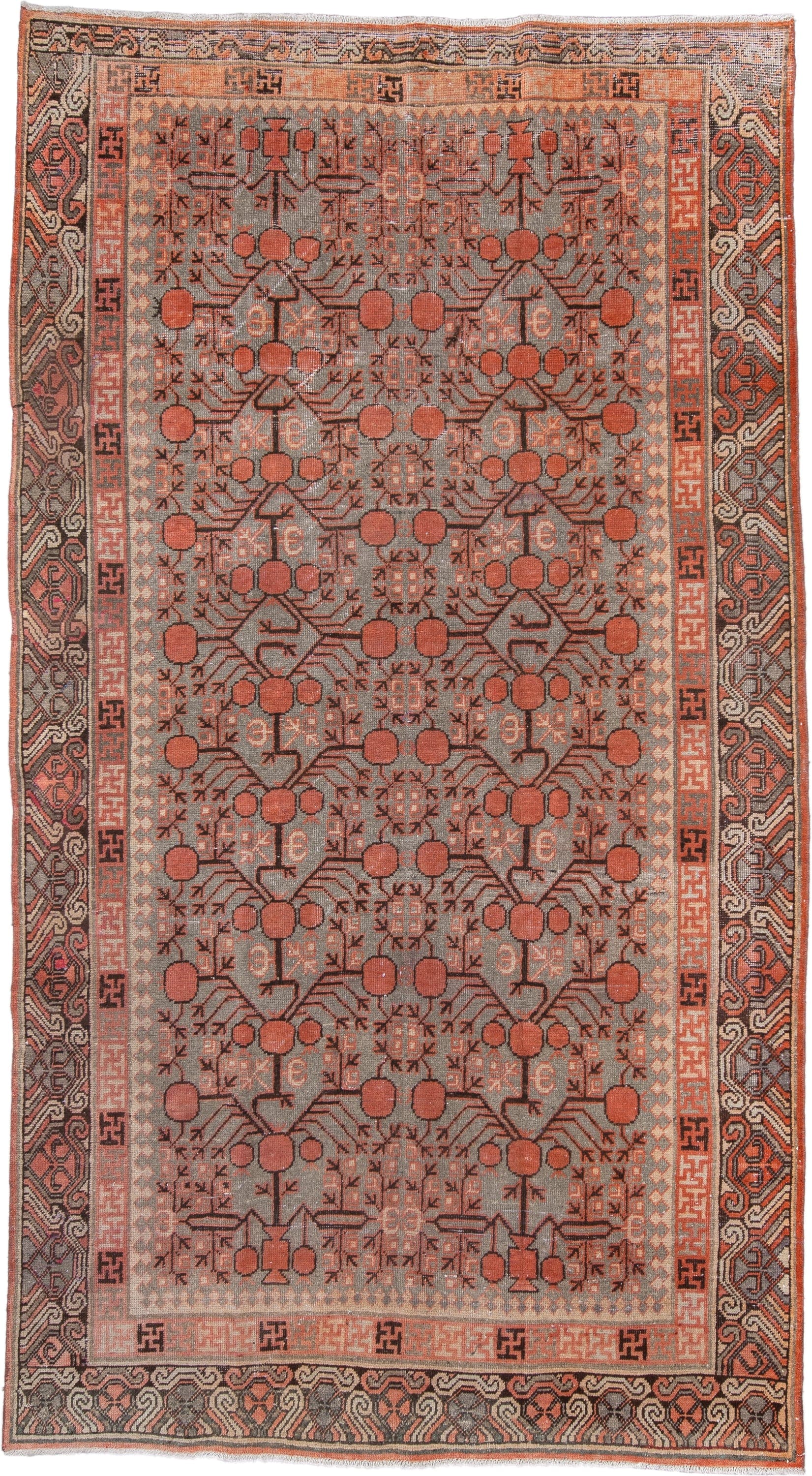 5' x 9' one-of-a-kind handmade antique Khotan medium size rug. Color palette: terra cotta, taupe, charcoal, ivory, rust