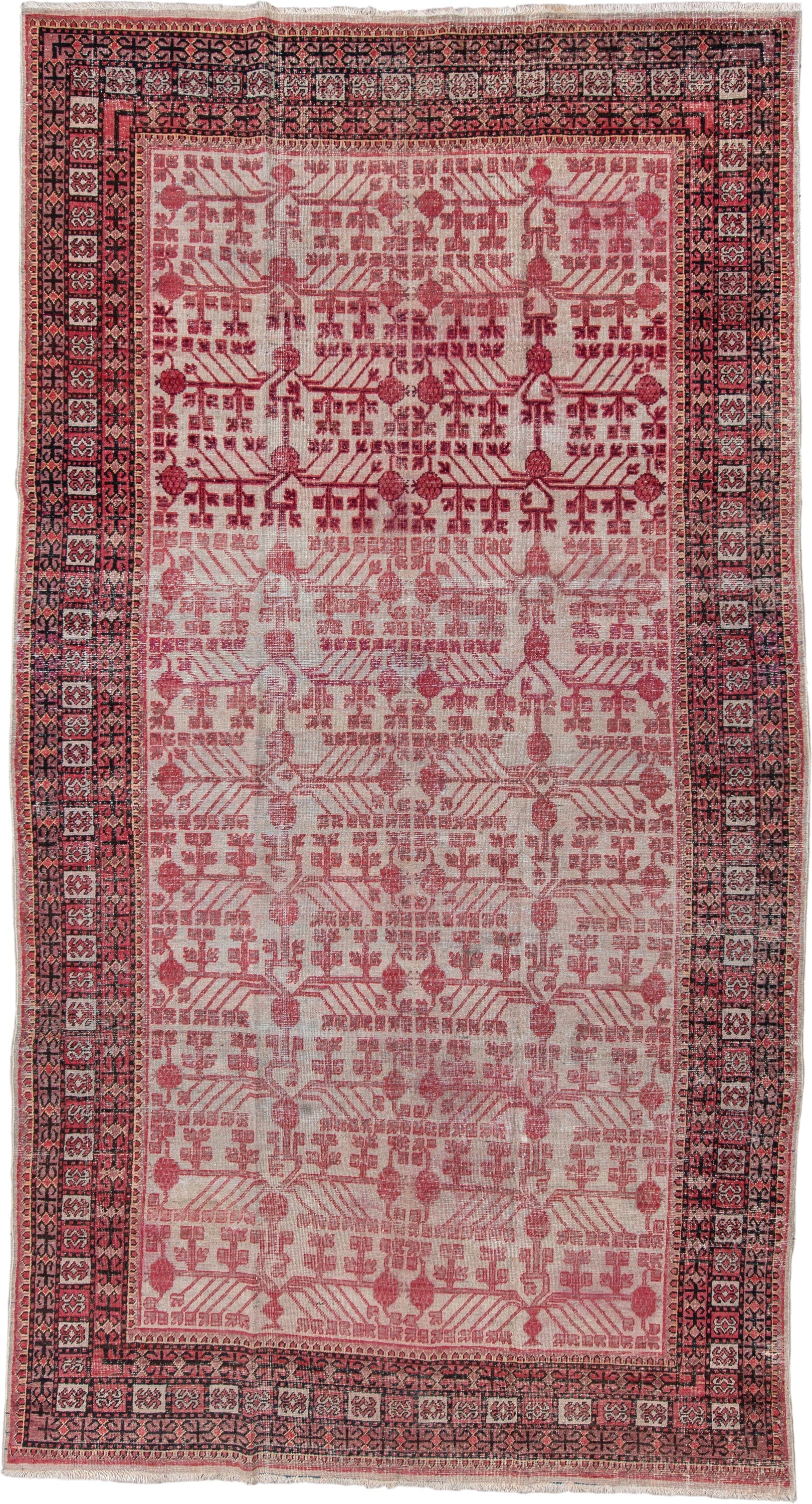 6' x 11' one-of-a-kind handmade vintage Khotan large size rug. Color palette: rose, ivory, charcoal, crimson, blush, taupe