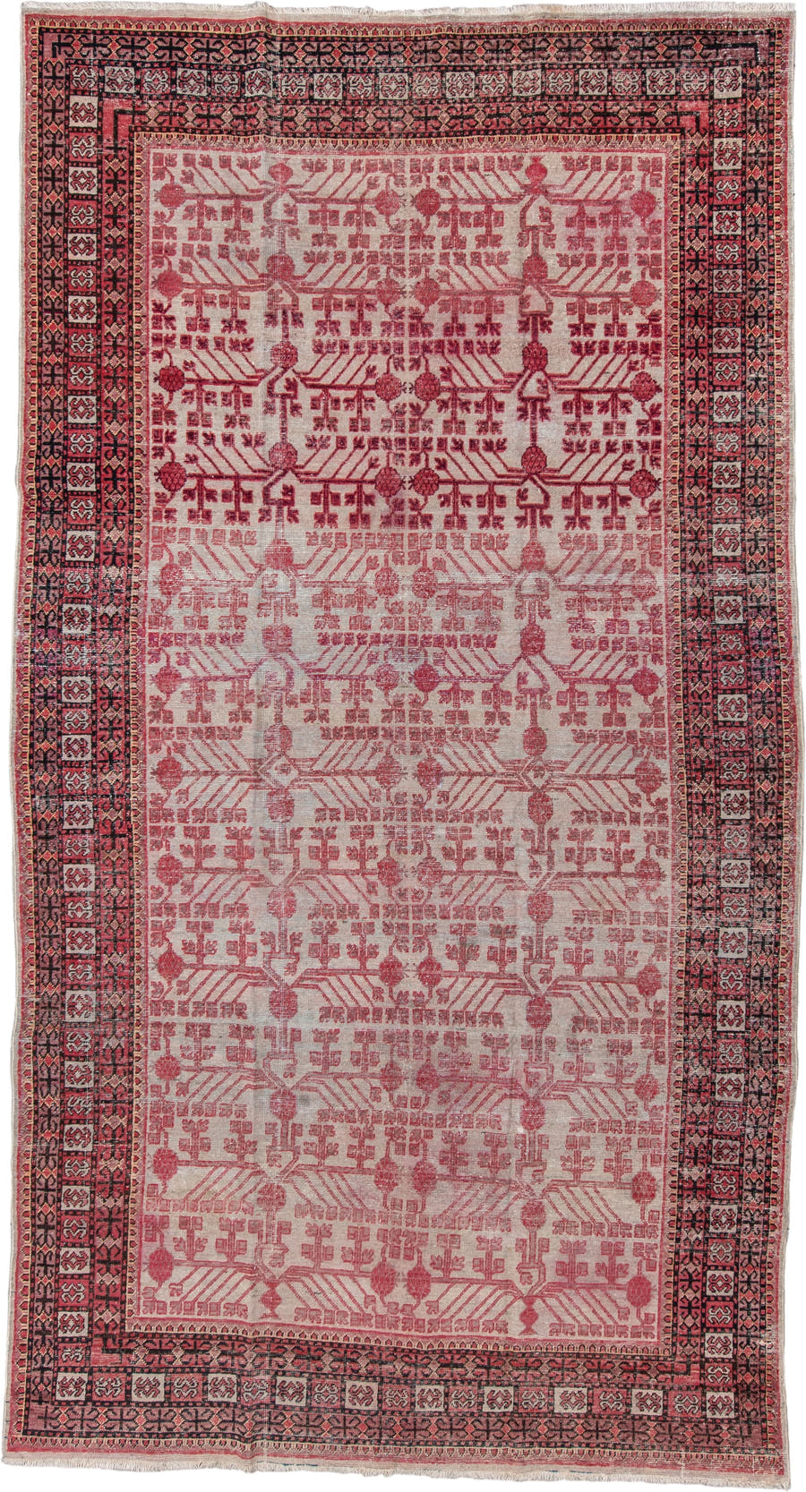 6' x 11' one-of-a-kind handmade vintage Khotan large size rug. Color palette: rose, ivory, charcoal, crimson, blush, taupe