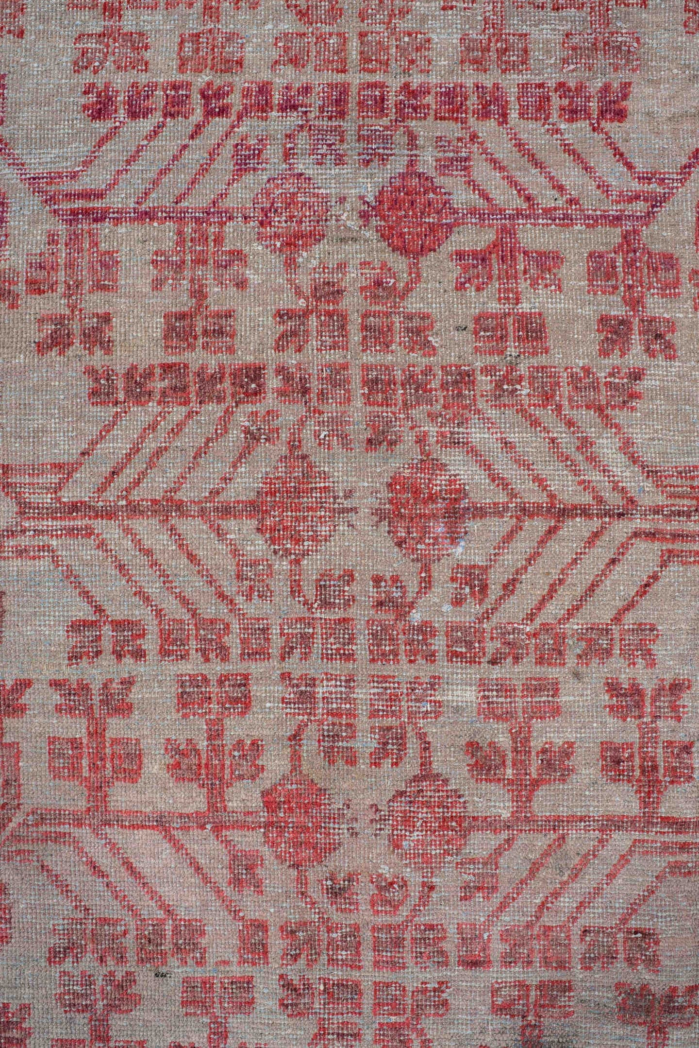 6' x 11' one-of-a-kind handmade vintage Khotan large size rug. Color palette: rose, ivory, charcoal, crimson, blush, taupe