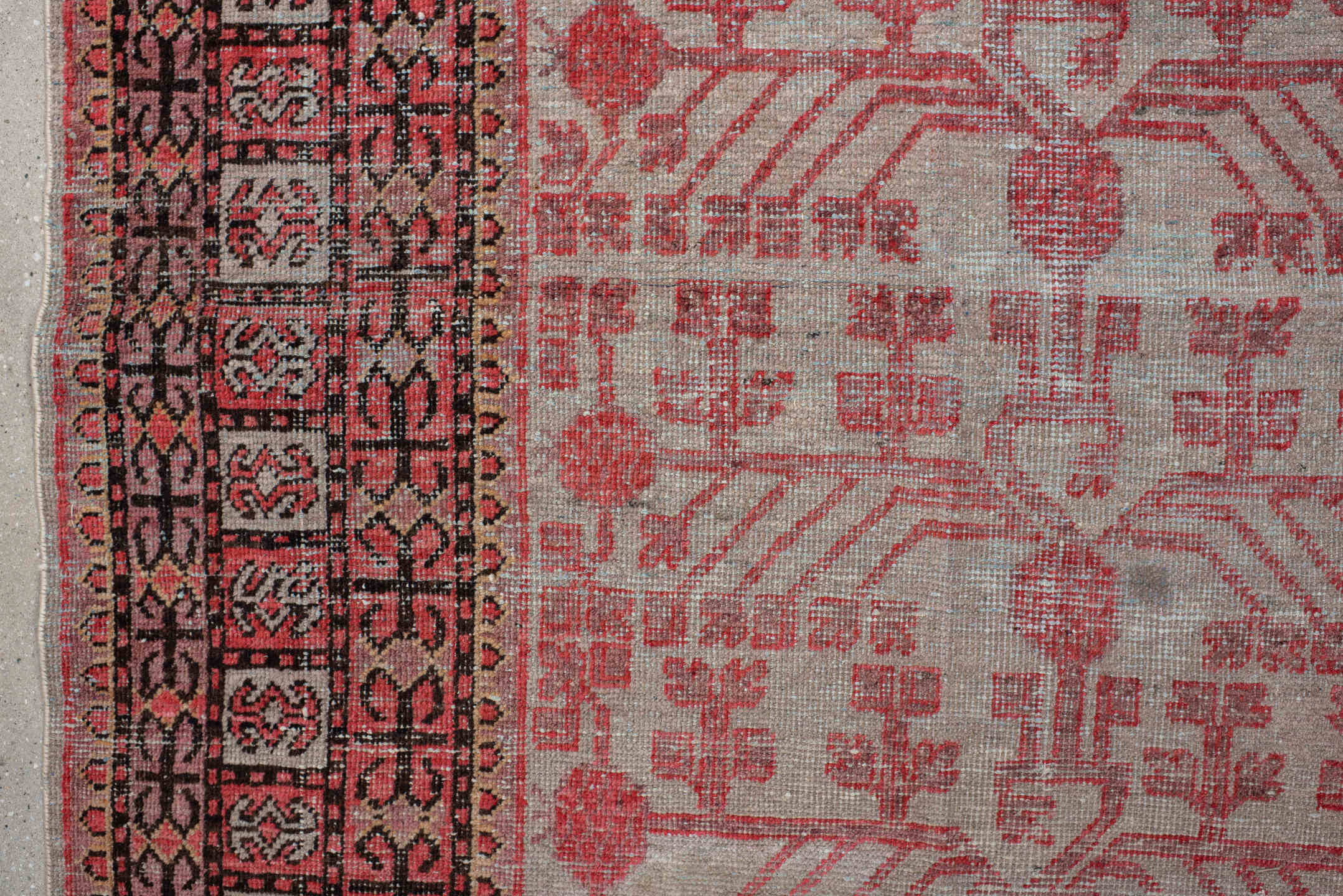 6' x 11' one-of-a-kind handmade vintage Khotan large size rug. Color palette: rose, ivory, charcoal, crimson, blush, taupe