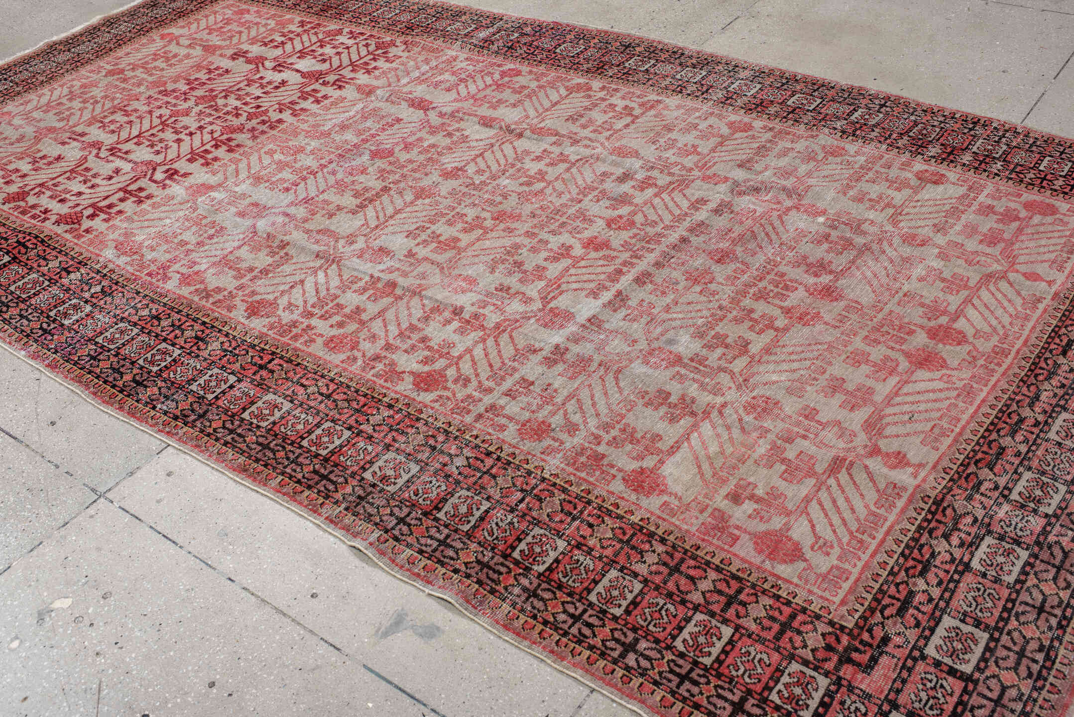 6' x 11' one-of-a-kind handmade vintage Khotan large size rug. Color palette: rose, ivory, charcoal, crimson, blush, taupe