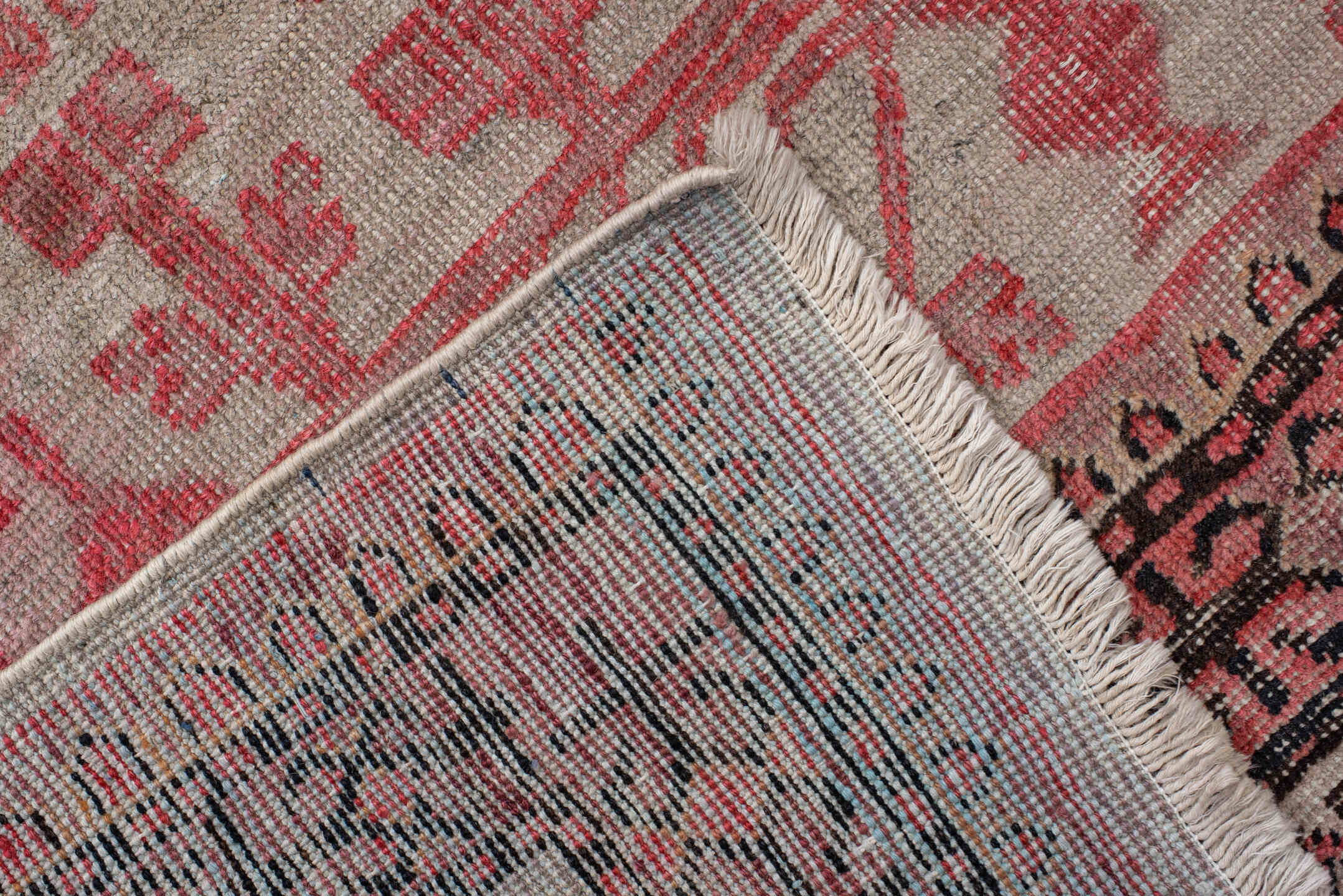 6' x 11' one-of-a-kind handmade vintage Khotan large size rug. Color palette: rose, ivory, charcoal, crimson, blush, taupe