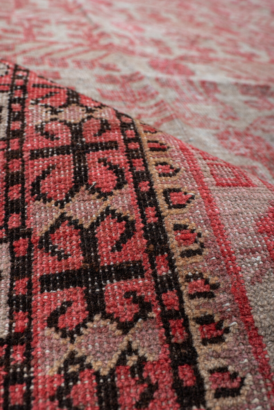 6' x 11' one-of-a-kind handmade vintage Khotan large size rug. Color palette: rose, ivory, charcoal, crimson, blush, taupe