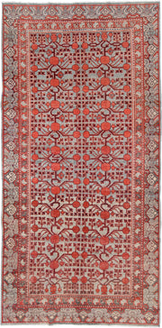 5' x 11' one-of-a-kind handmade vintage Khotan rug. Color palette: coral, ivory, slate, burgundy, rose, charcoal, terracotta