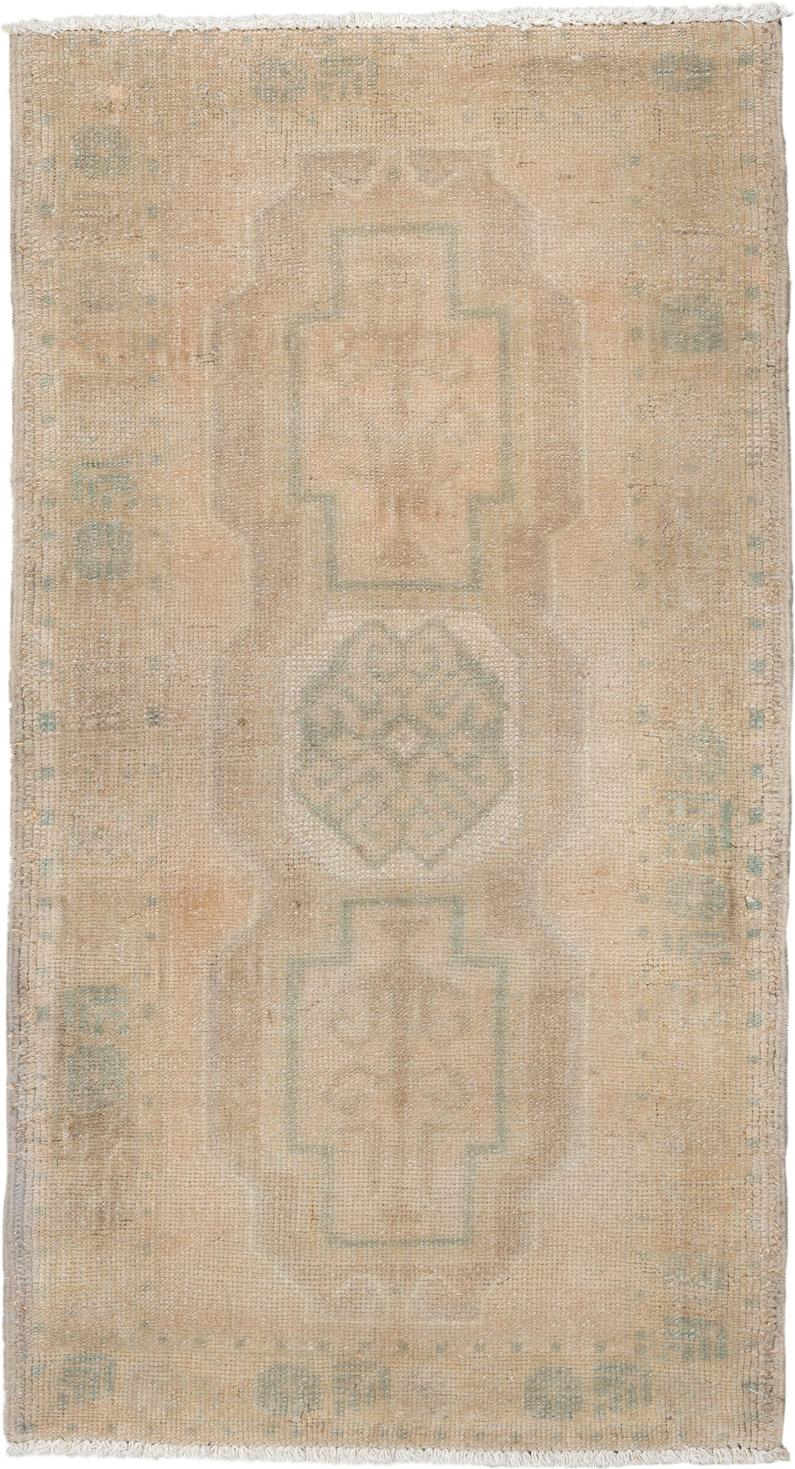 1' x 3' one-of-a-kind handmade vintage Anatolian small size rug. Color palette: beige, ivory, sage, taupe, sand, green, gray