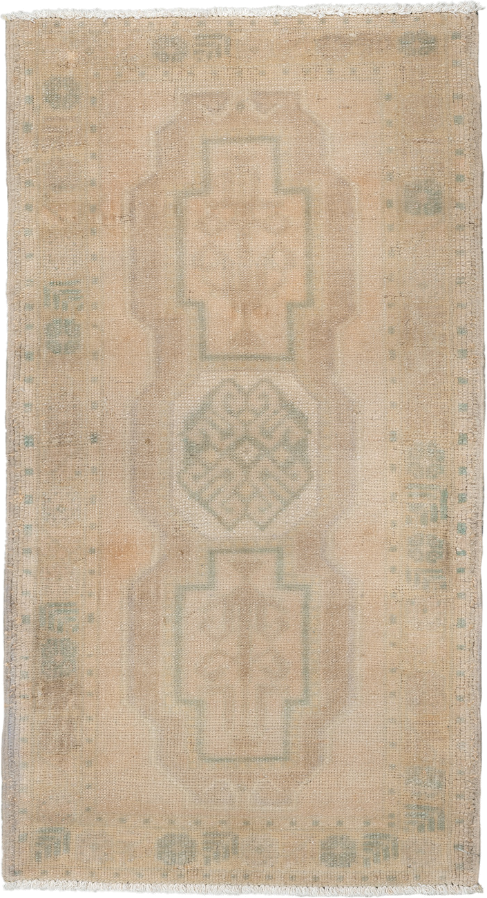 1' x 3' one-of-a-kind handmade vintage Anatolian small size rug. Color palette: beige, ivory, sage, taupe, sand, green, gray