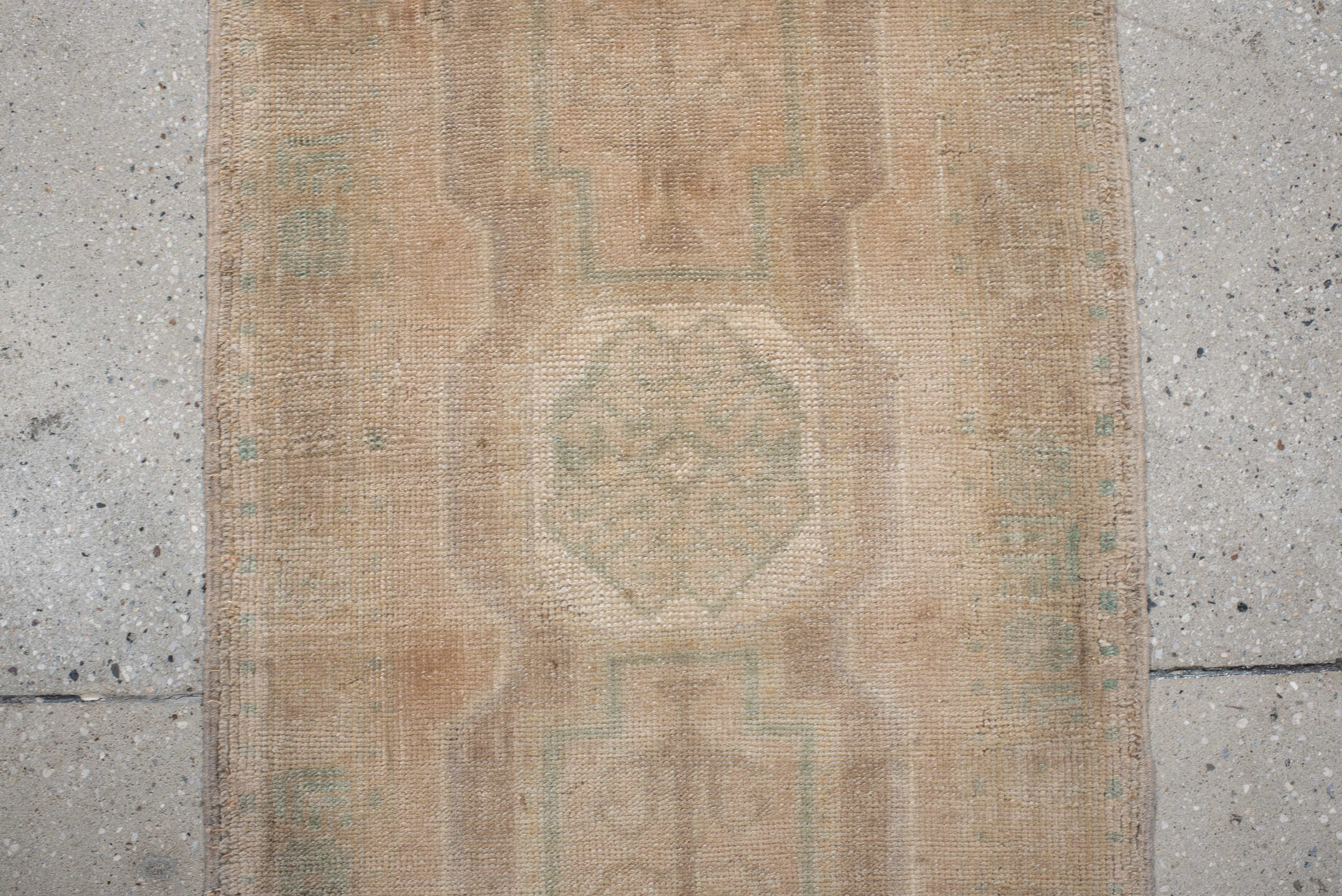 1' x 3' one-of-a-kind handmade vintage Anatolian small size rug. Color palette: beige, ivory, sage, taupe, sand, green, gray