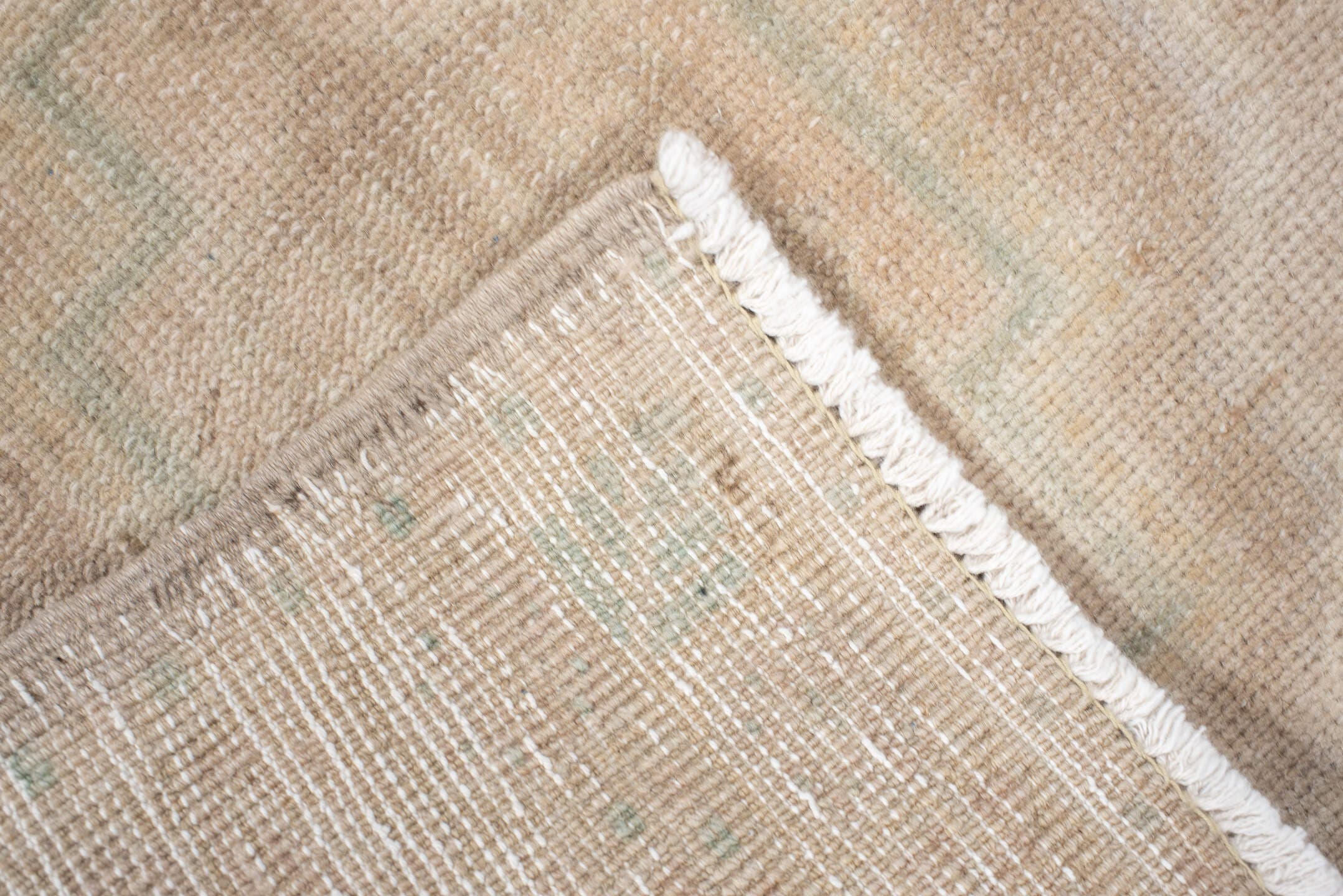 1' x 3' one-of-a-kind handmade vintage Anatolian small size rug. Color palette: beige, ivory, sage, taupe, sand, green, gray