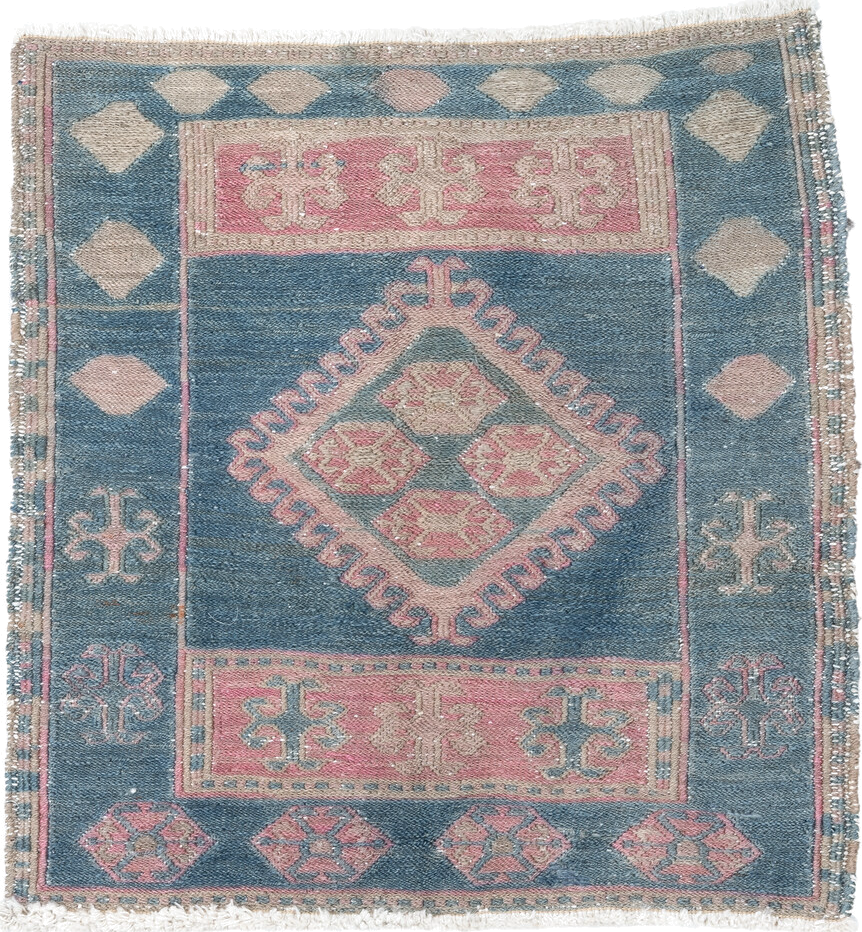 1' x 1' one-of-a-kind handmade vintage Sumak small size rug. Color palette: blue, rose, ivory, taupe, dusty pink, pink, red