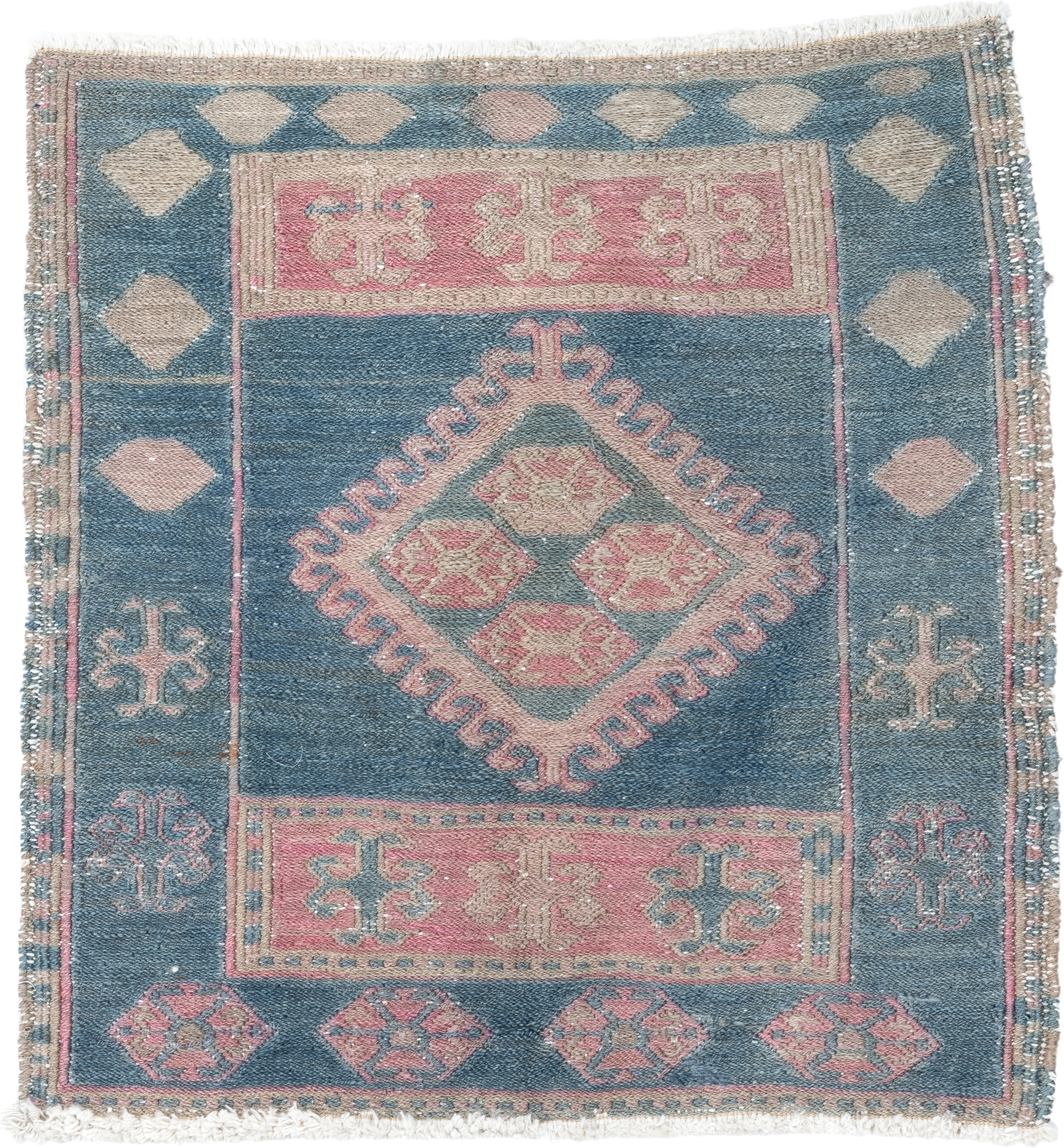 1' x 1' one-of-a-kind handmade vintage Sumak small size rug. Color palette: blue, rose, ivory, taupe, dusty pink, pink, red