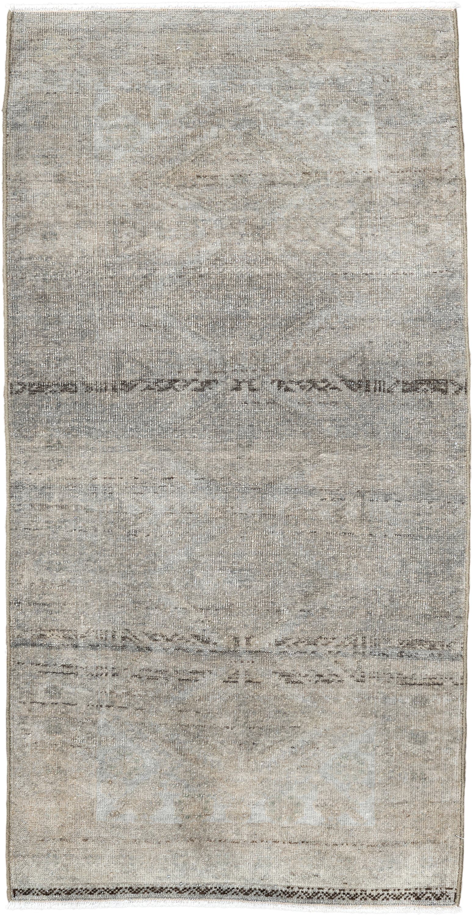 1' x 3' one-of-a-kind handmade antique Belouch small size rug. Color palette: ivory, taupe, beige, brown, gray