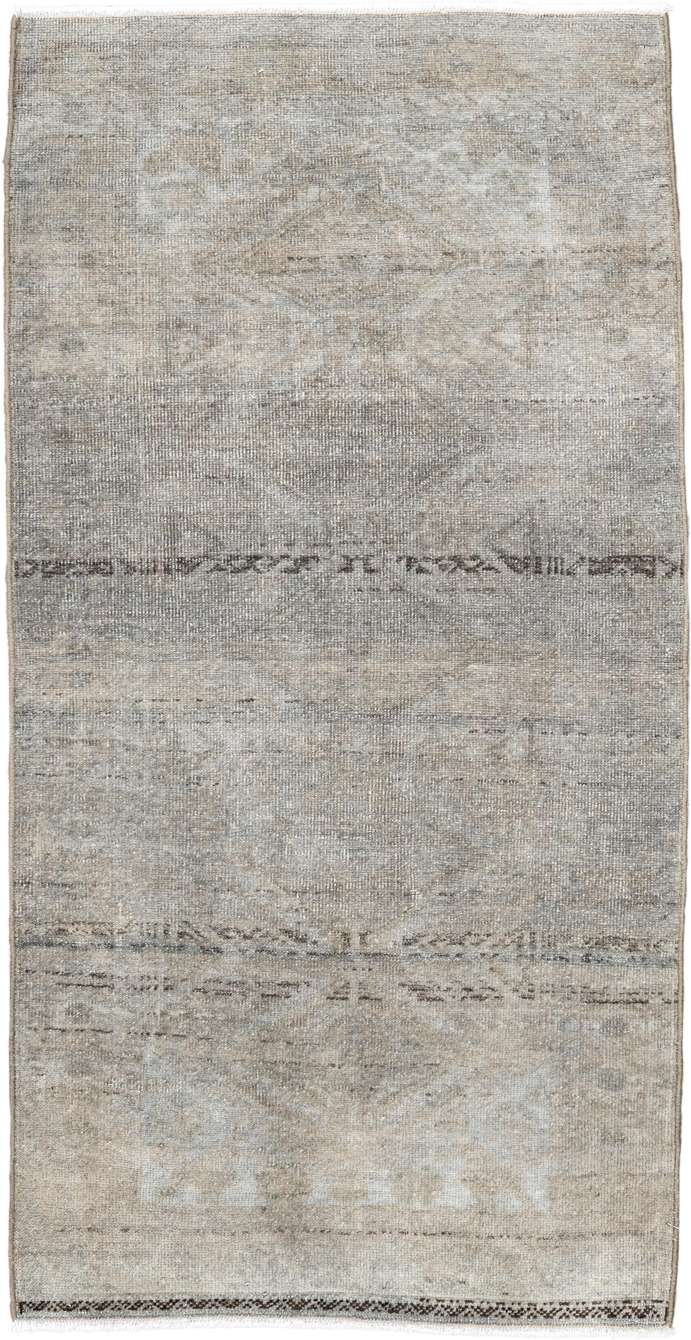 1' x 3' one-of-a-kind handmade antique Belouch small size rug. Color palette: ivory, taupe, beige, brown, gray