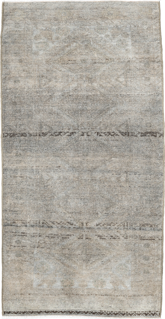 1' x 3' one-of-a-kind handmade vintage Belouch small size rug. Color palette: dark gray, dim gray, gainsboro, gray