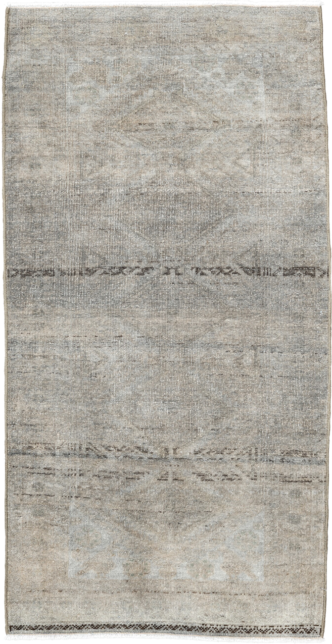 1' x 3' one-of-a-kind handmade antique Belouch small size rug. Color palette: ivory, taupe, beige, brown, gray