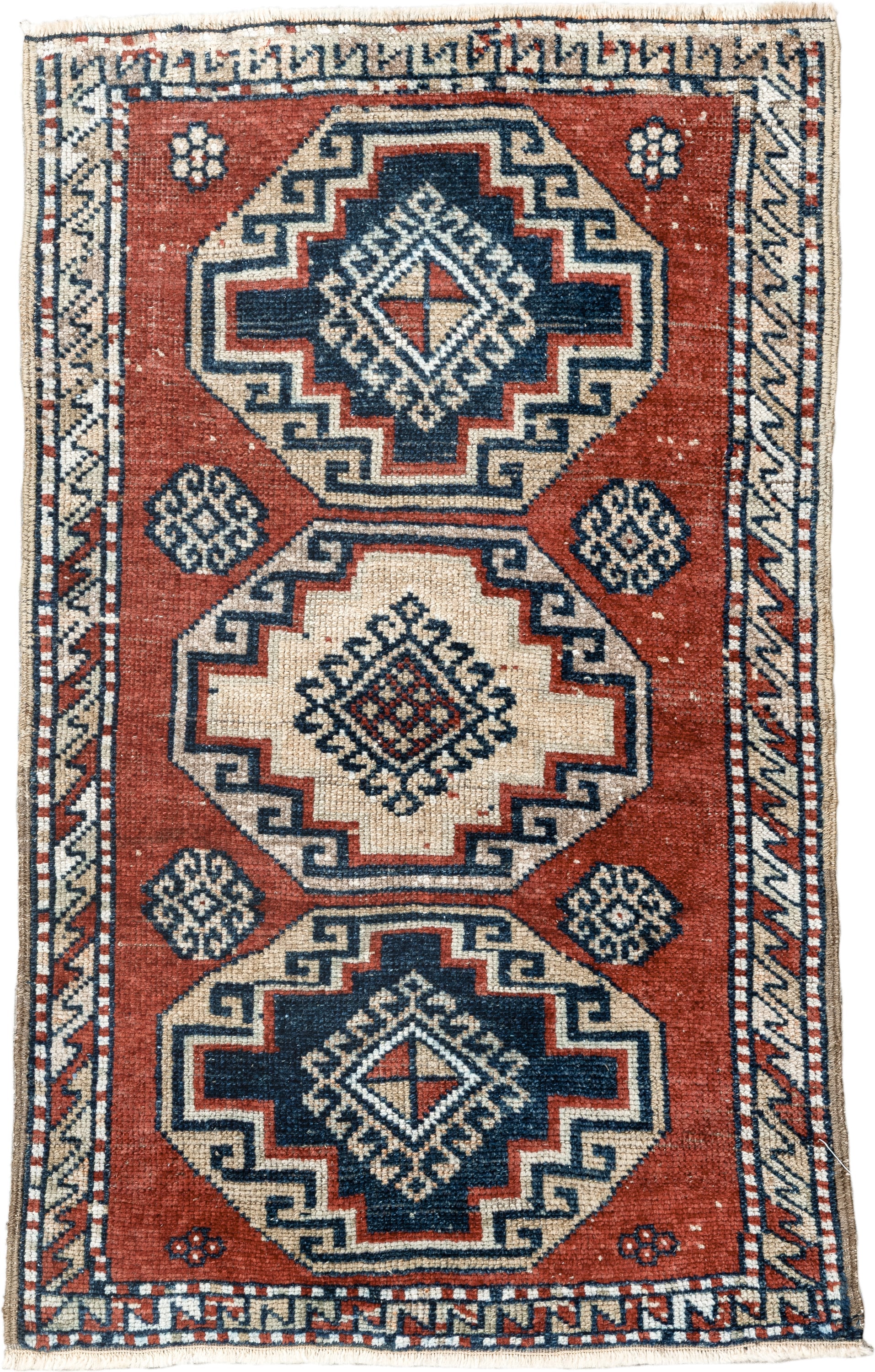 2' x 3' one-of-a-kind handmade vintage Anatolian small size rug. Color palette: rust, ivory, navy, crimson, terracotta
