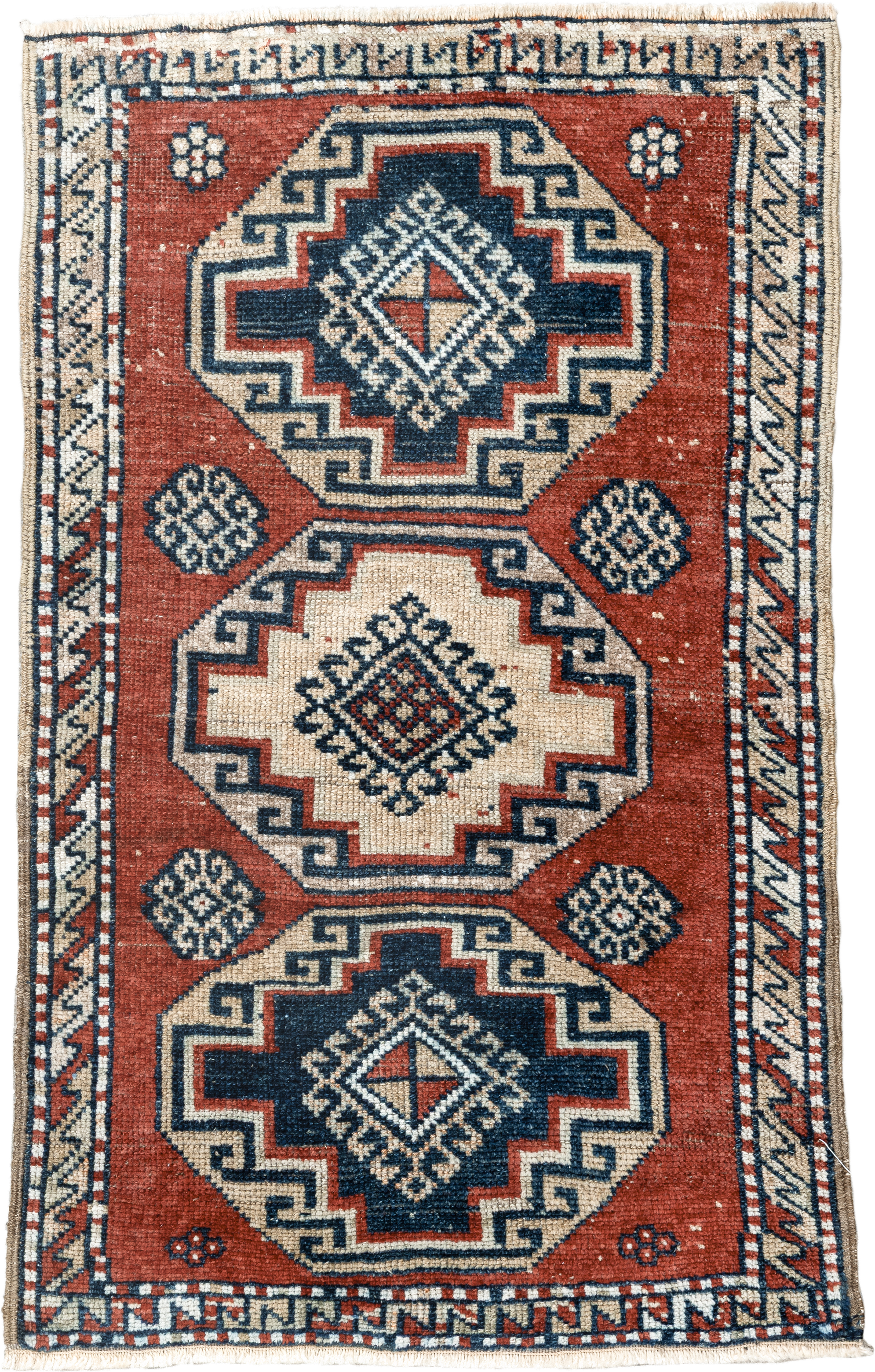 2' x 3' one-of-a-kind handmade vintage Anatolian small size rug. Color palette: rust, ivory, navy, crimson, terracotta