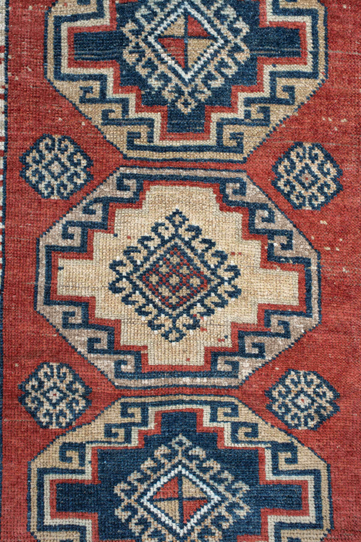 2' x 3' one-of-a-kind handmade vintage Anatolian small size rug. Color palette: rust, ivory, navy, crimson, terracotta