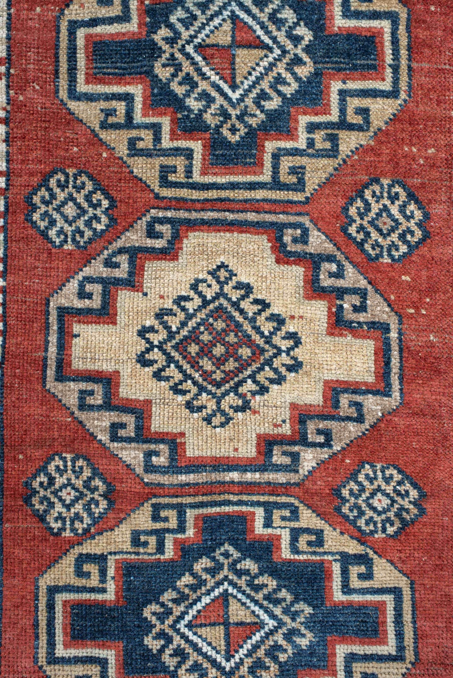 2' x 3' one-of-a-kind handmade vintage Anatolian small size rug. Color palette: rust, ivory, navy, crimson, terracotta