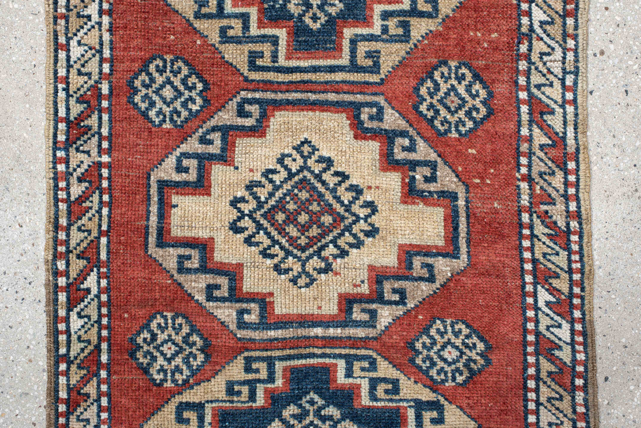 2' x 3' one-of-a-kind handmade vintage Anatolian small size rug. Color palette: rust, ivory, navy, crimson, terracotta