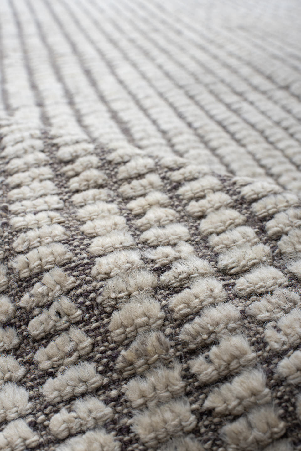 9' x 12' one-of-a-kind handmade vintage Tulu large size rug. Color palette: ivory, taupe, gray, beige