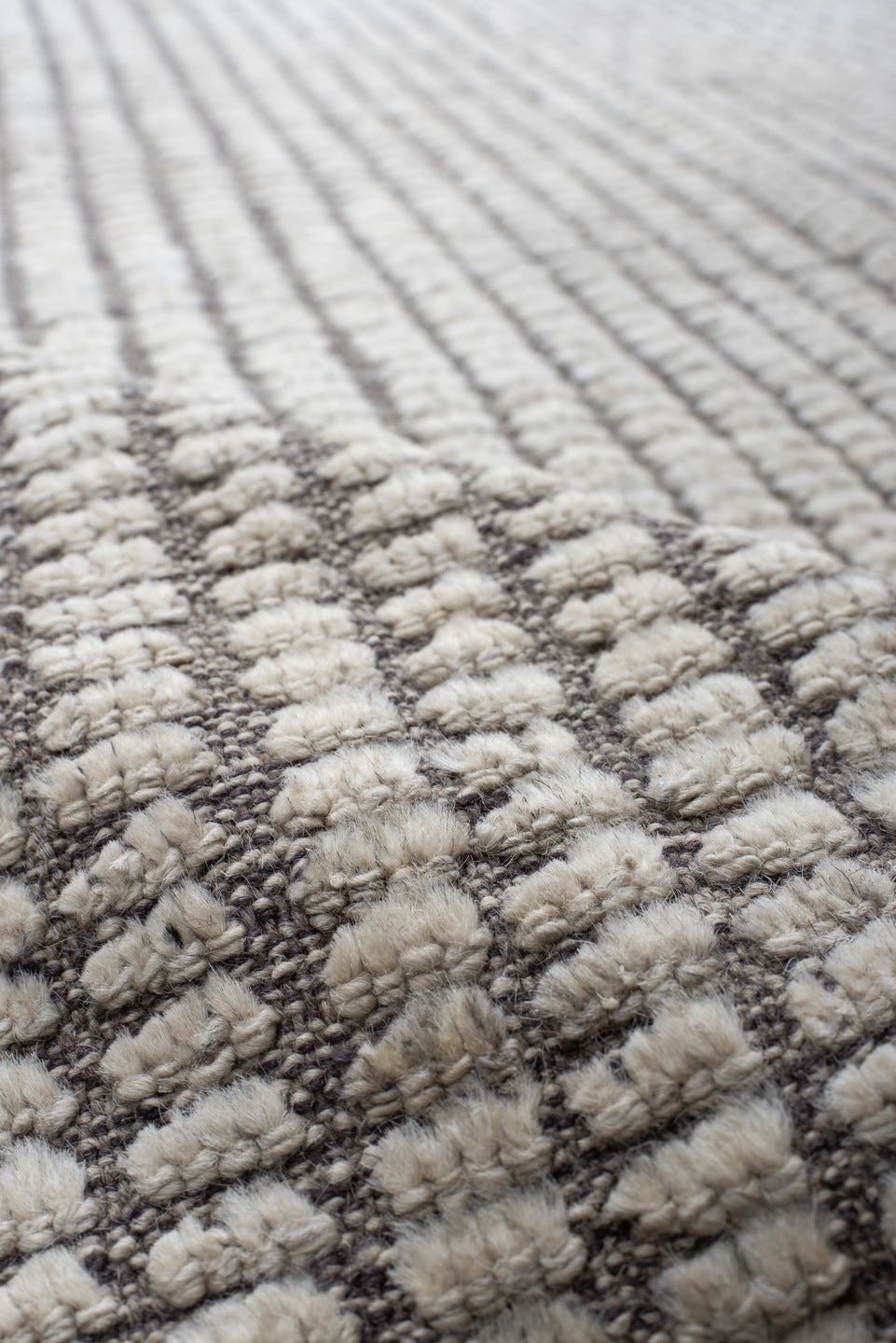 9' x 12' one-of-a-kind handmade vintage Tulu large size rug. Color palette: ivory, taupe, gray, beige